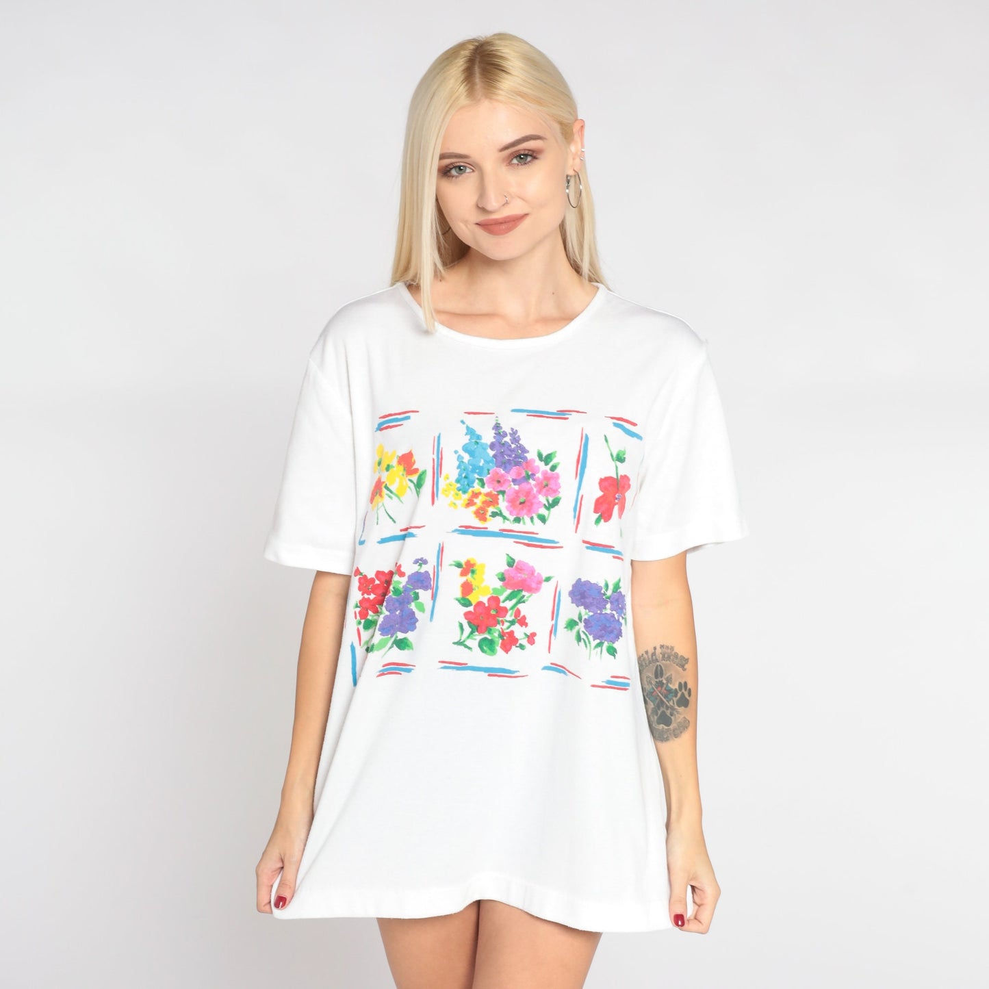 90s Watercolor Floral Graphic Tee White Single Stitch Wildflower Print Extra Large