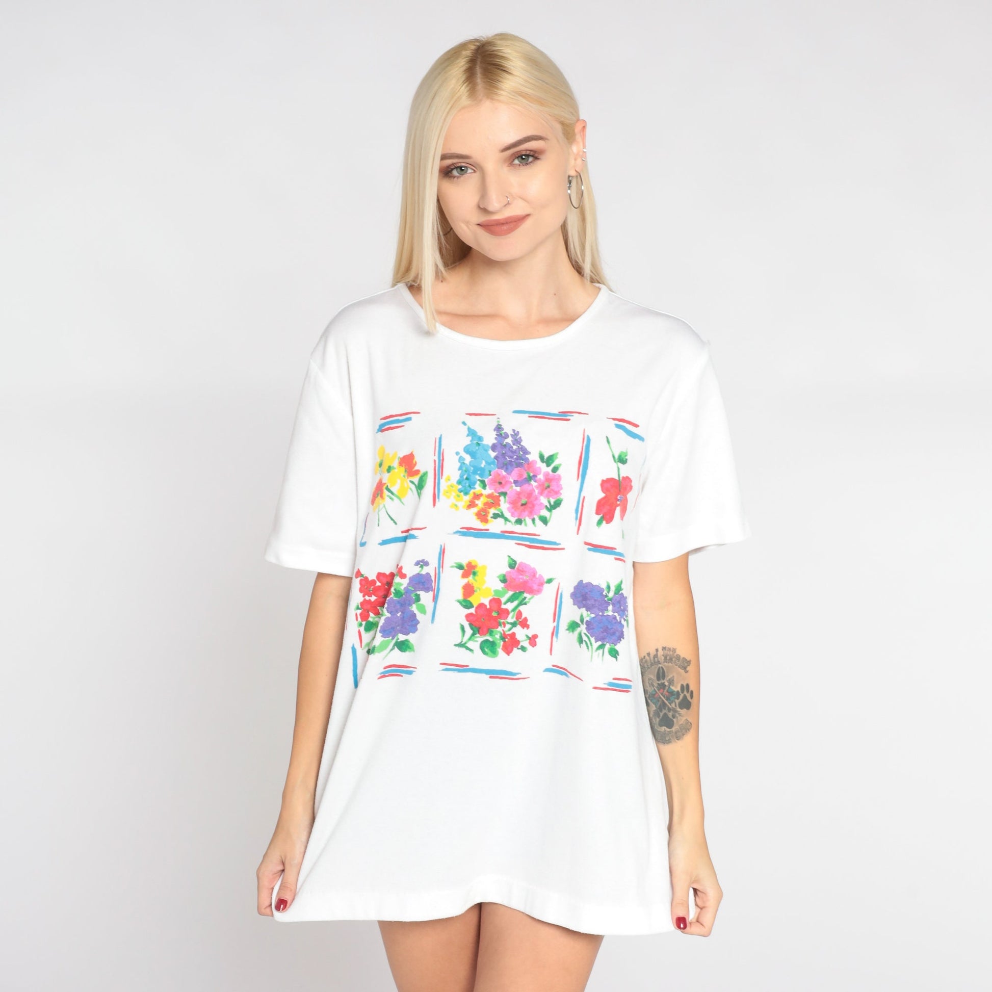 90s Watercolor Floral Graphic Tee White Single Stitch Wildflower Print Extra Large