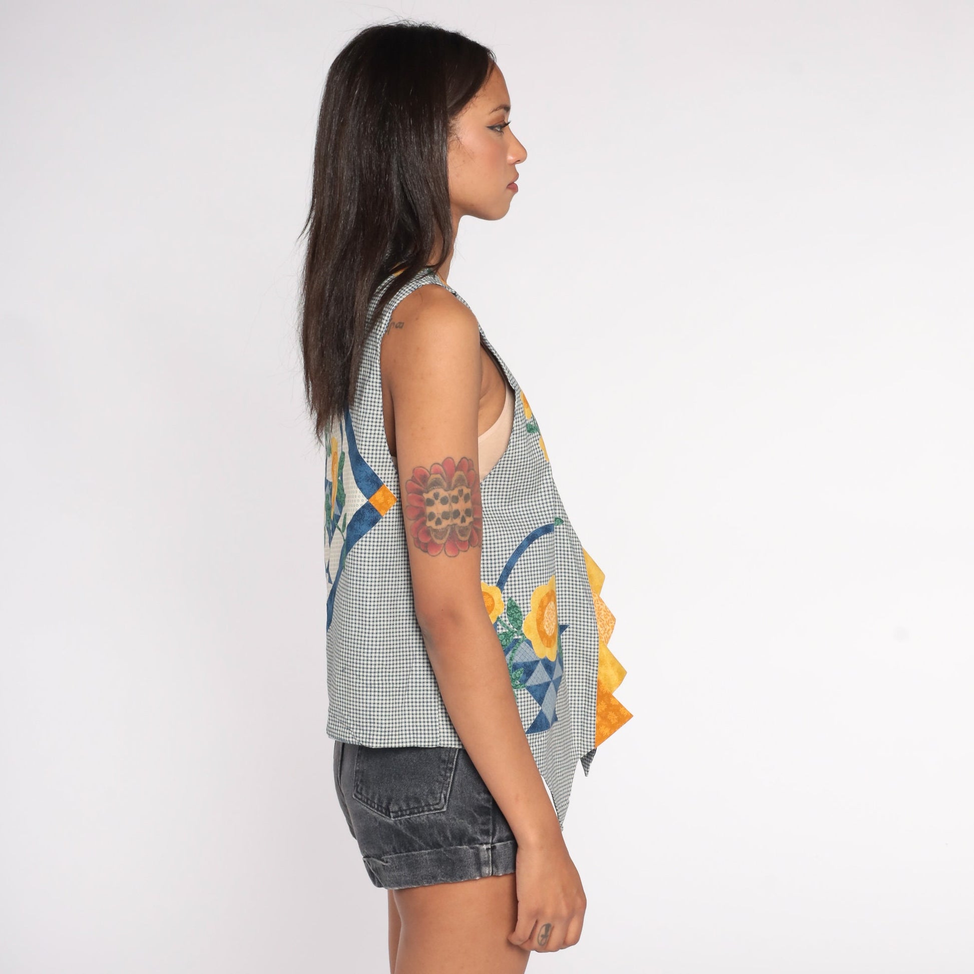 90s Gingham Floral Patchwork Quilted Vest Open Front Blue White Small