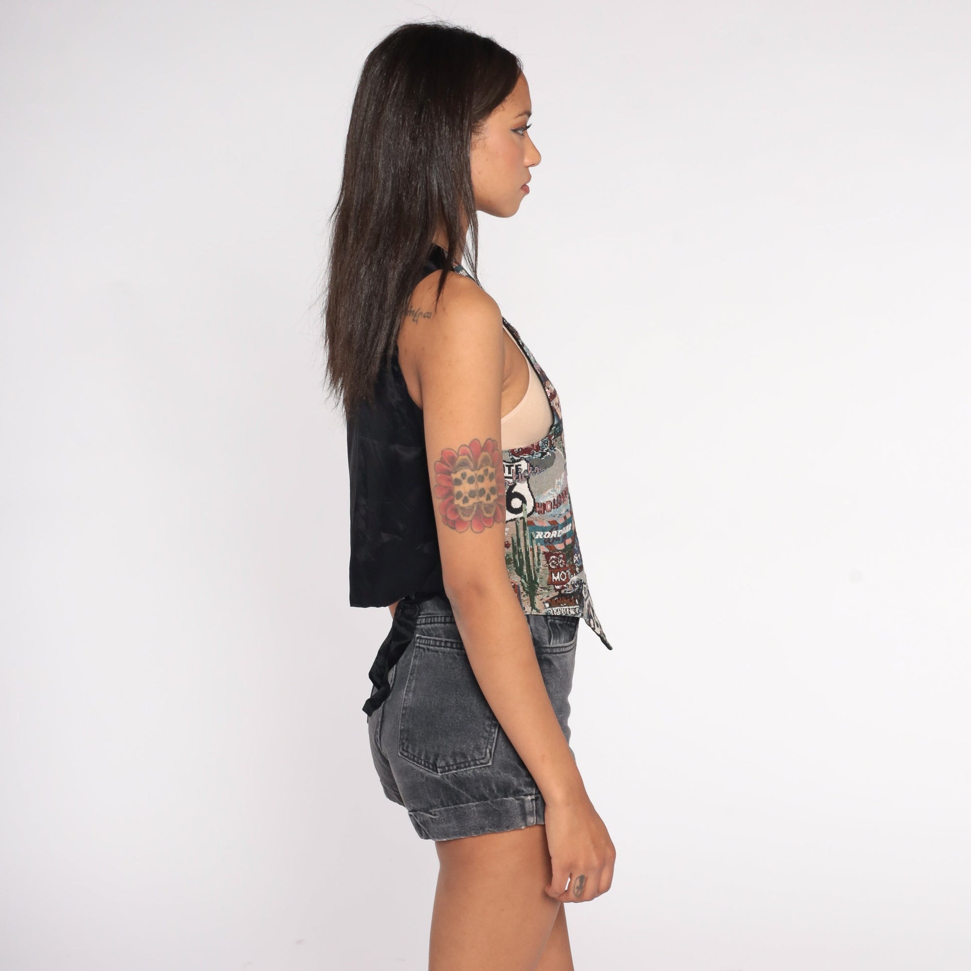 90s Route 66 Vest Button Up Novelty Print Tapestry Top Black Small