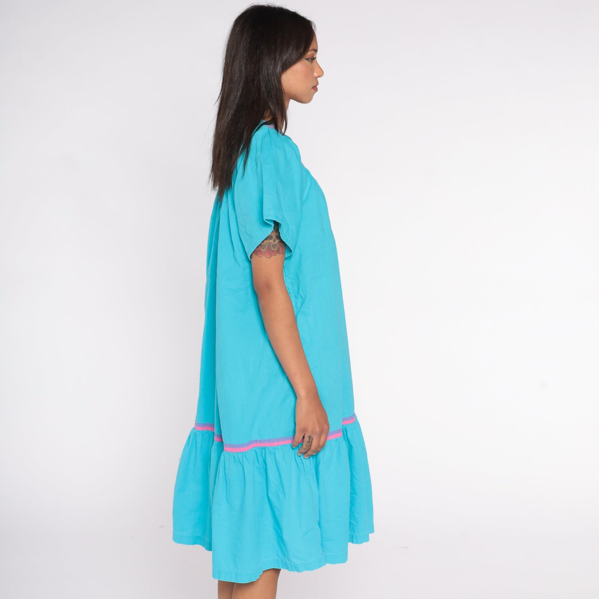 90s Turquoise Cotton Midi Dress Pink Purple Trim Trapeze Tiered Medium M