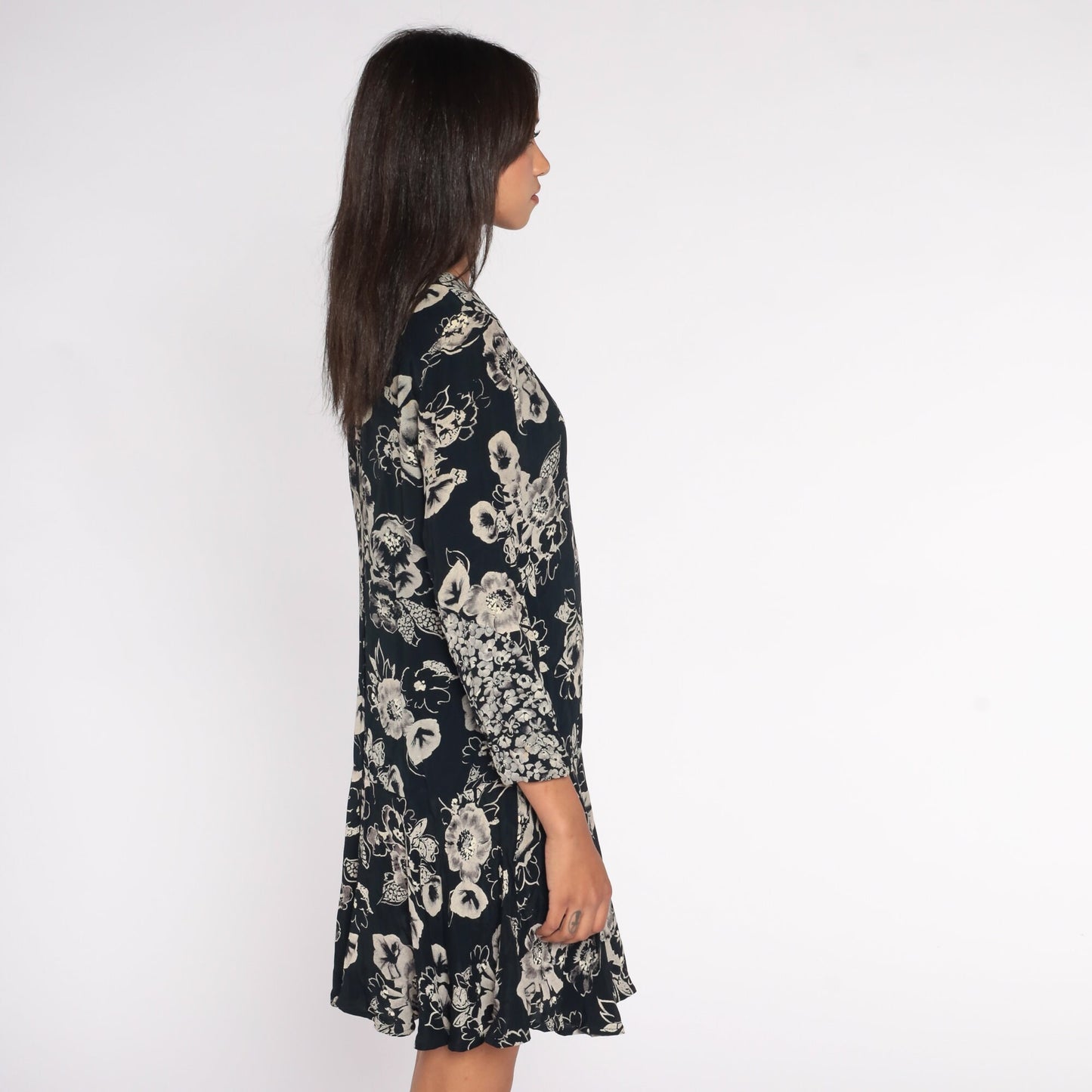 90s Black Floral Mini Dress Drop Waist Long Sleeve Ruffle Hem Small 6