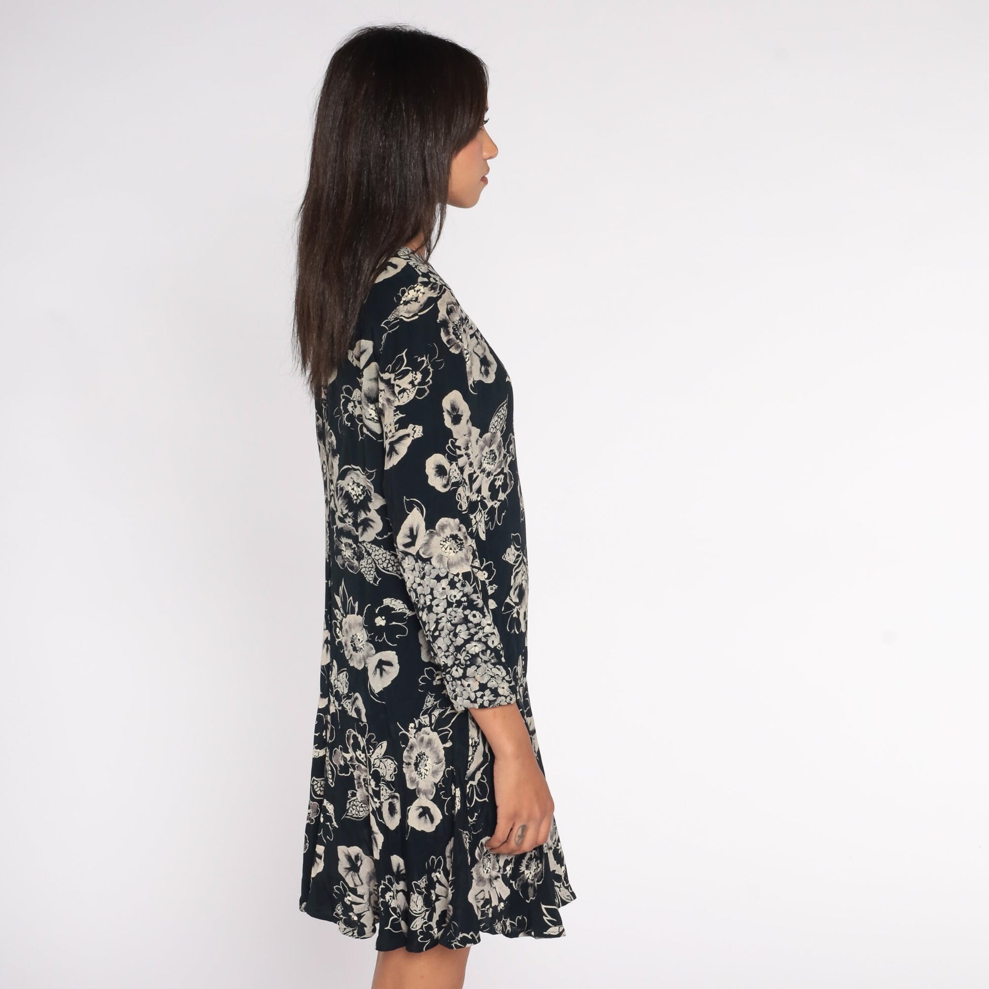 90s Black Floral Mini Dress Drop Waist Long Sleeve Ruffle Hem Small 6