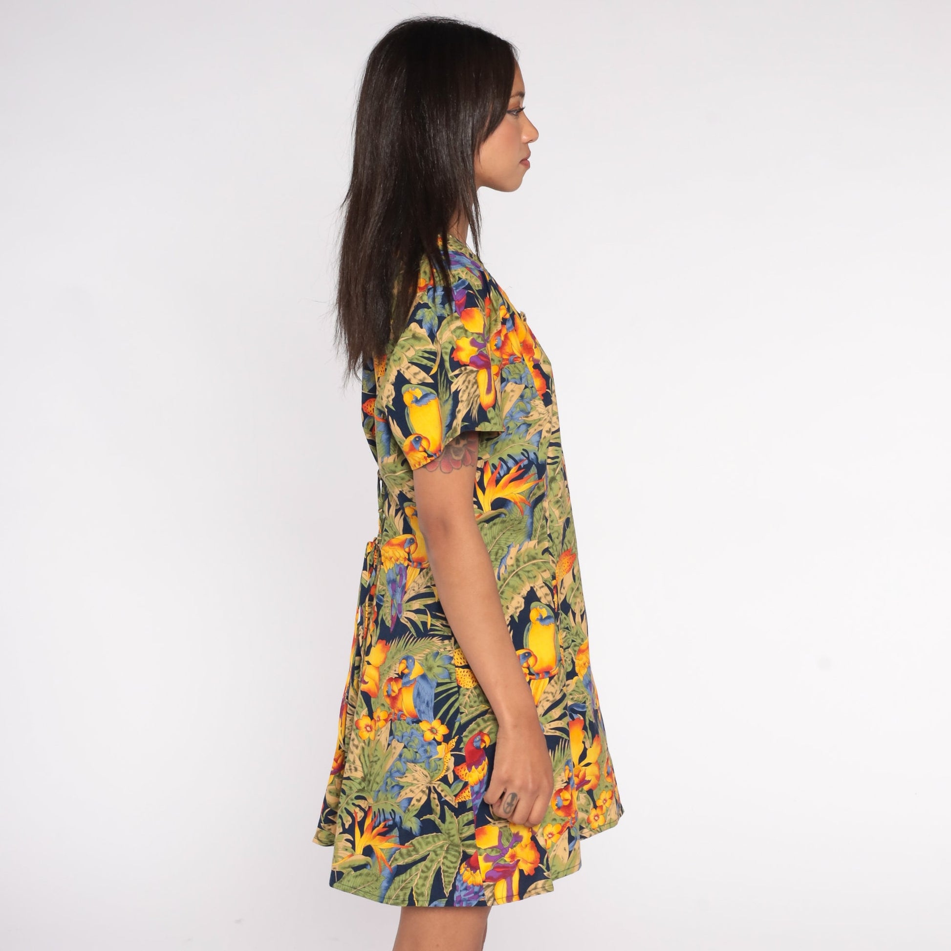 90s Tropical Bird Parrot Leaf Print Mini Dress Button-Up Short Sleeve Large L
