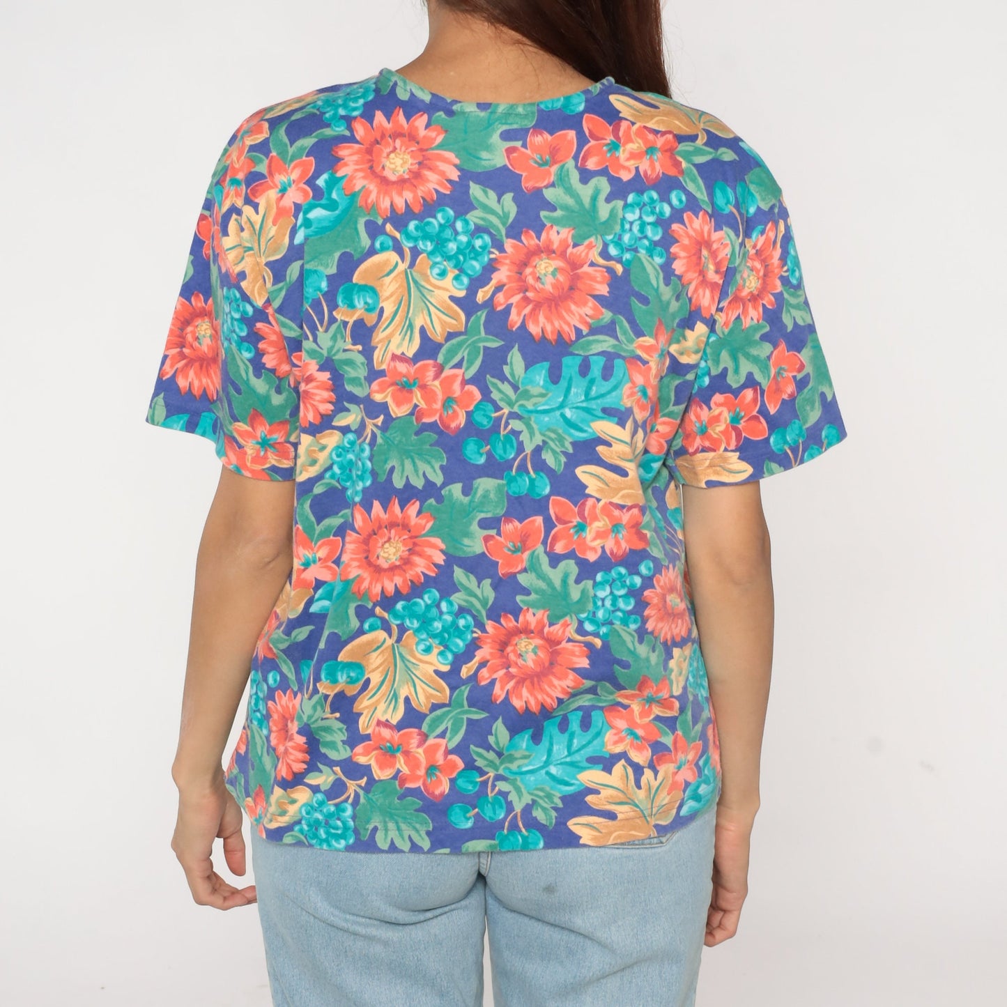 90s Floral Fruit Print Henley Shirt Short Sleeve Button Up Large L