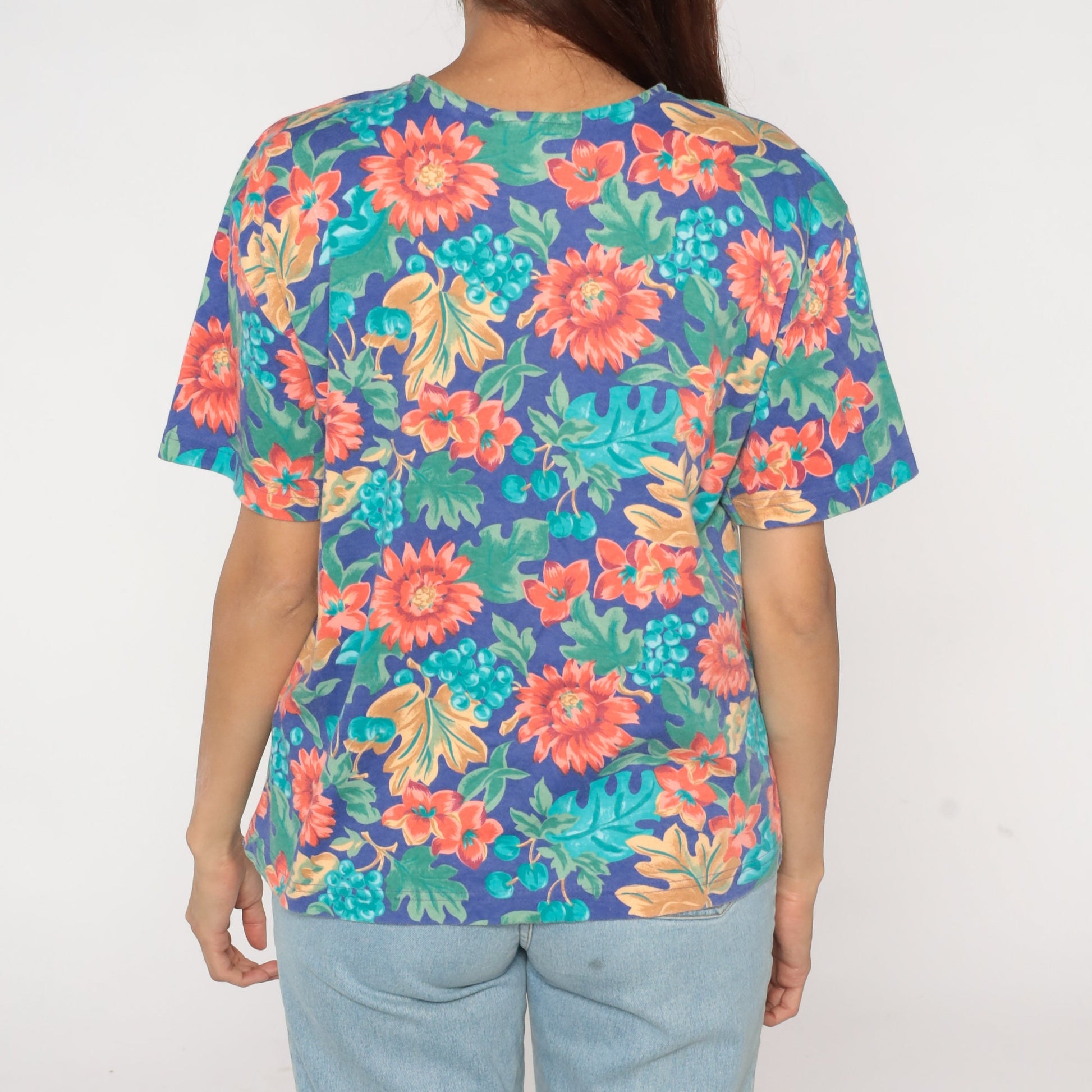 90s Floral Fruit Print Henley Shirt Short Sleeve Button Up Large L