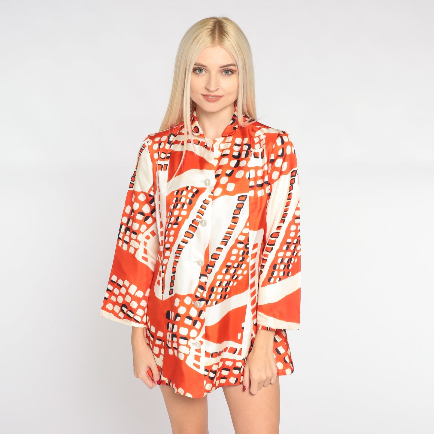 60s Orvieto Creations Blouse Orange White Abstract Dot Print Wide Sleeve Small