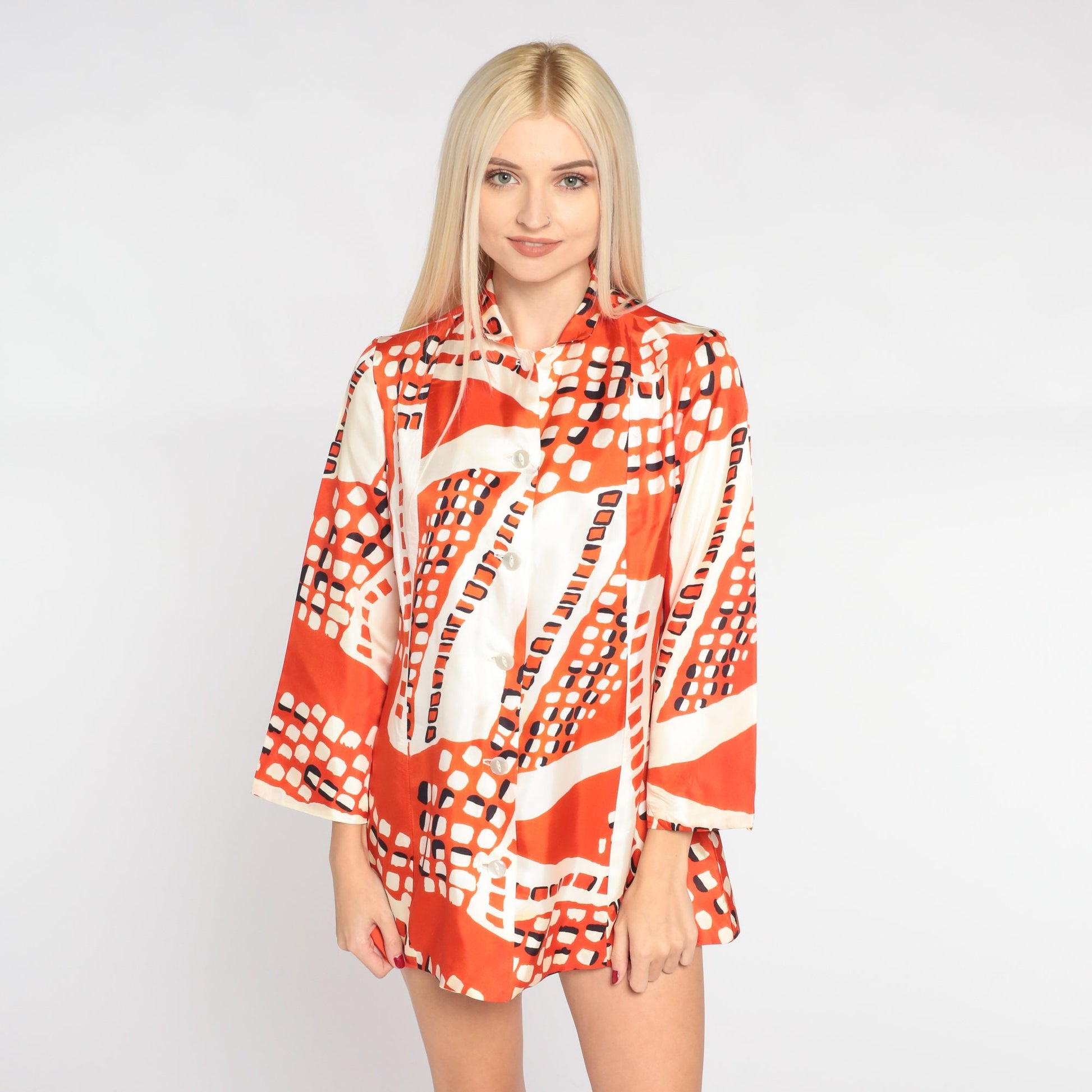 60s Orvieto Creations Blouse Orange White Abstract Dot Print Wide Sleeve Small