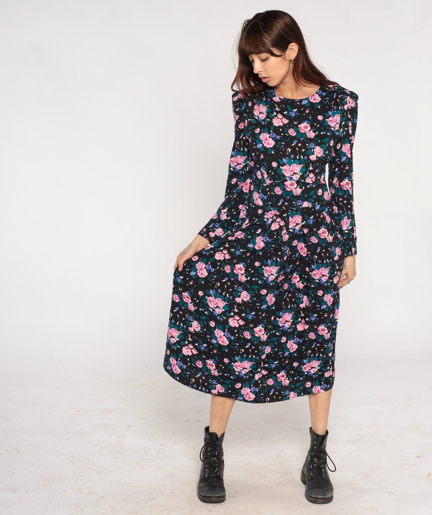 90s Black Floral Midi Dress Power Shoulders Pockets Long Sleeve Medium 10