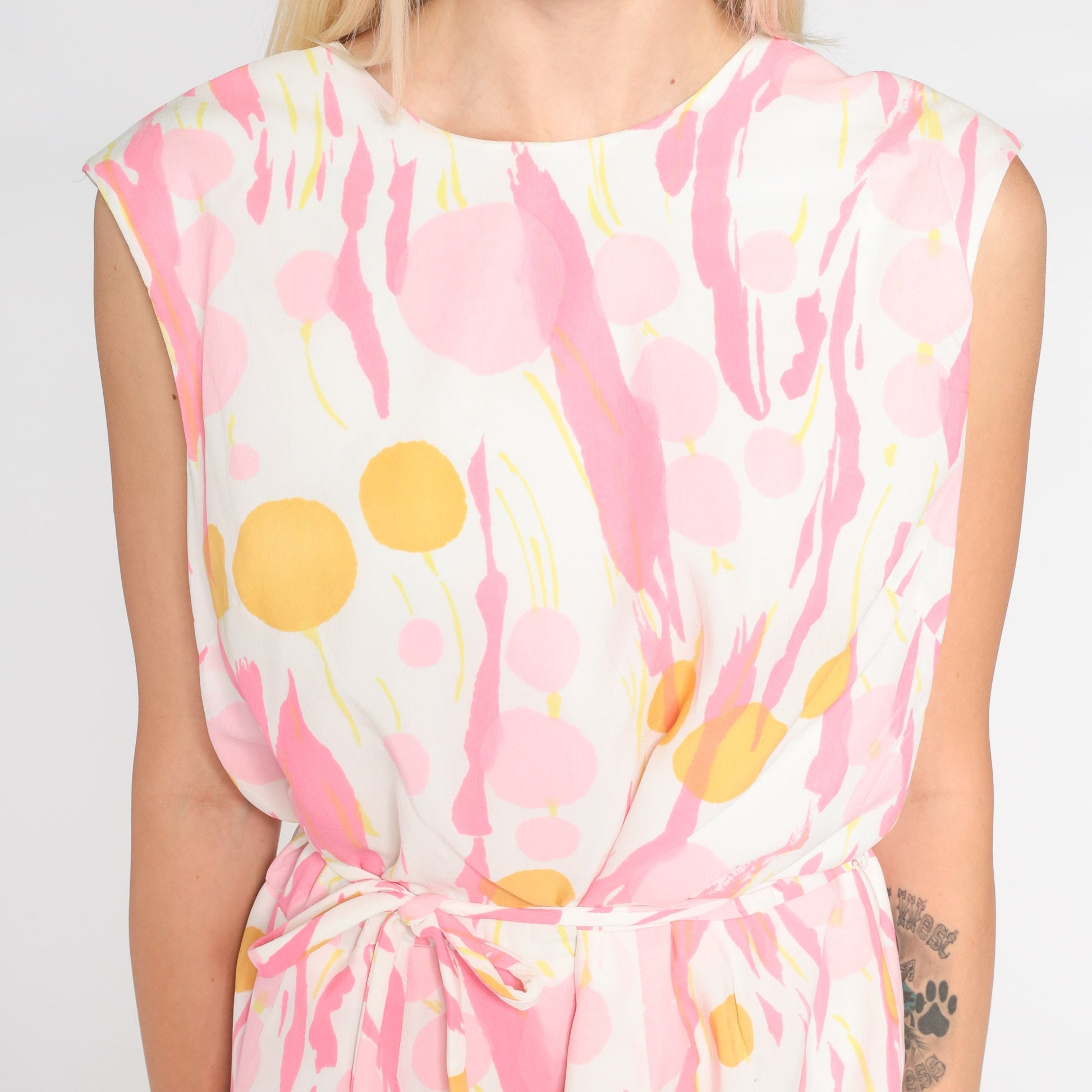 60s Abstract Dot Print Mini Dress White Pink Yellow Sleeveless Shift Medium