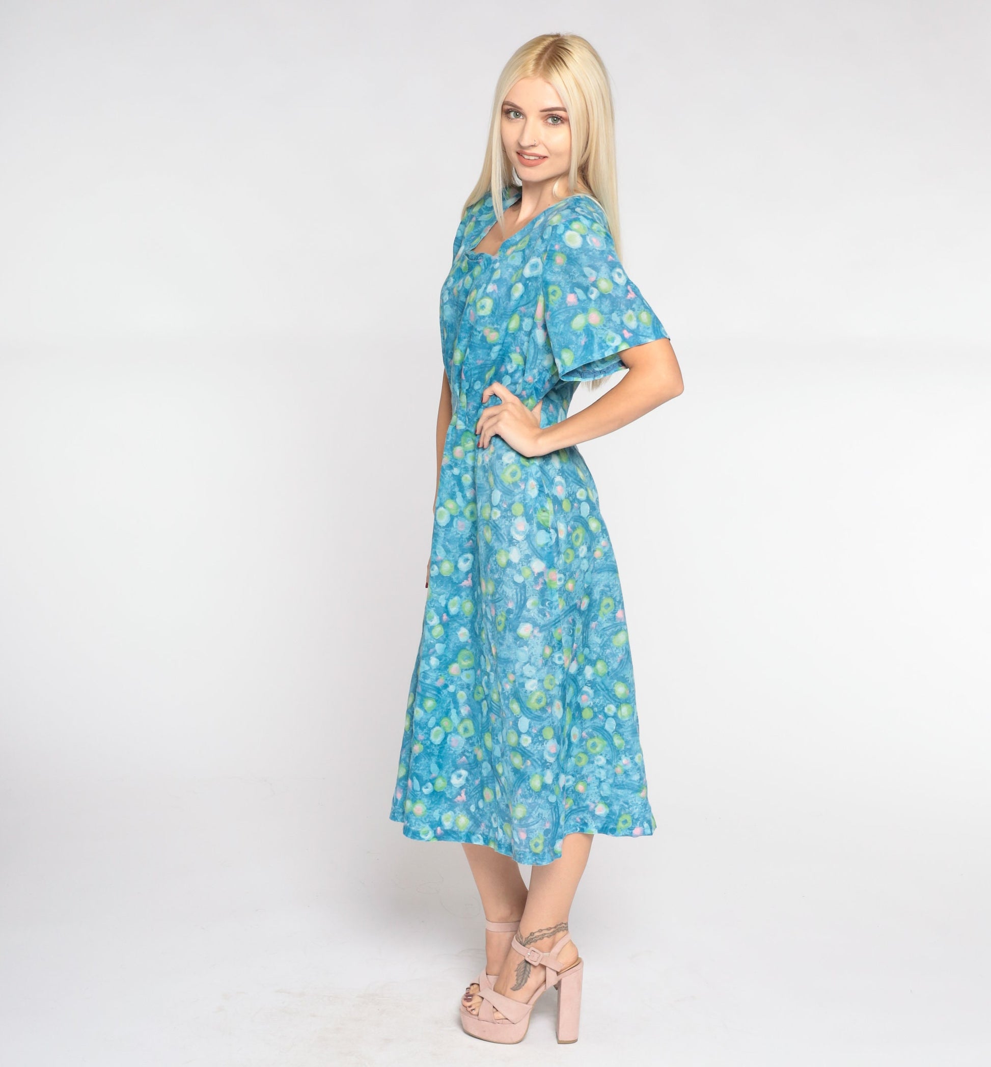 1960s Blue Abstract Dot Midi Dress Short Sleeve High Waist Large L