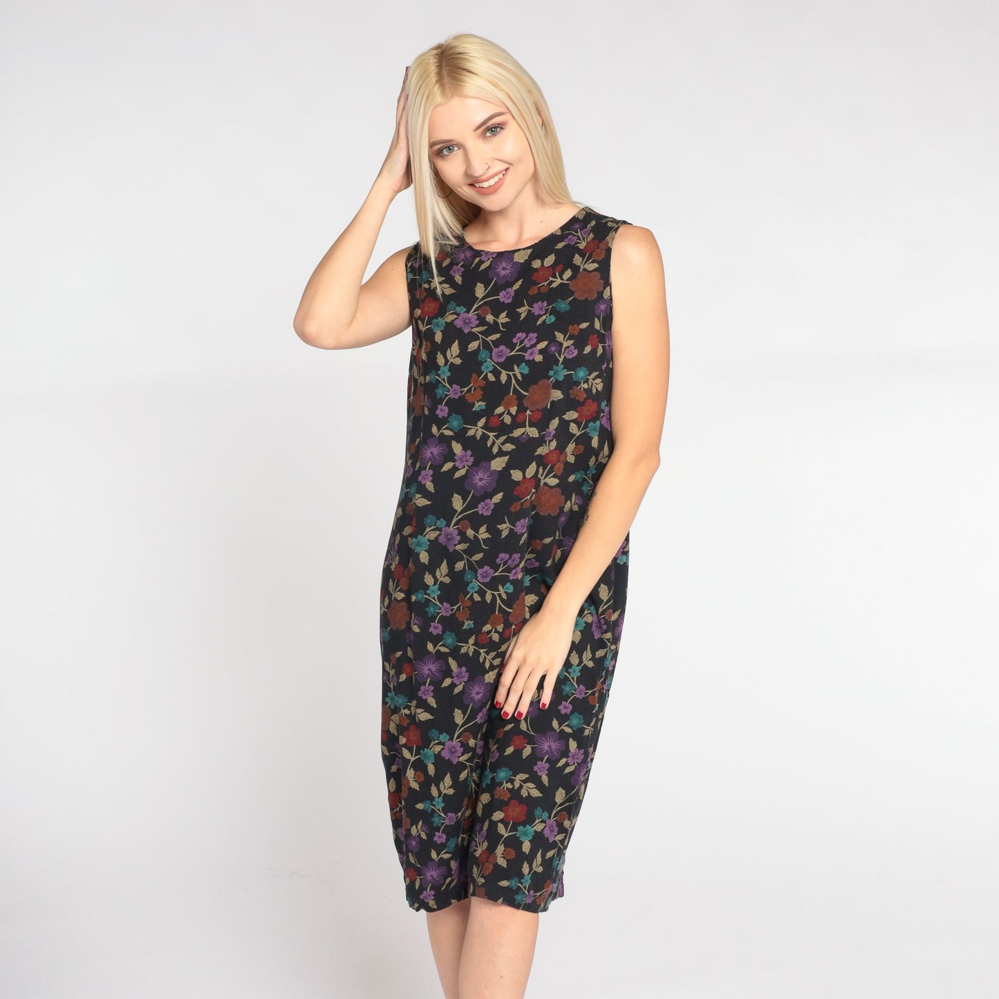 00s Black Floral Shift Dress Sleeveless Knee Length Small S