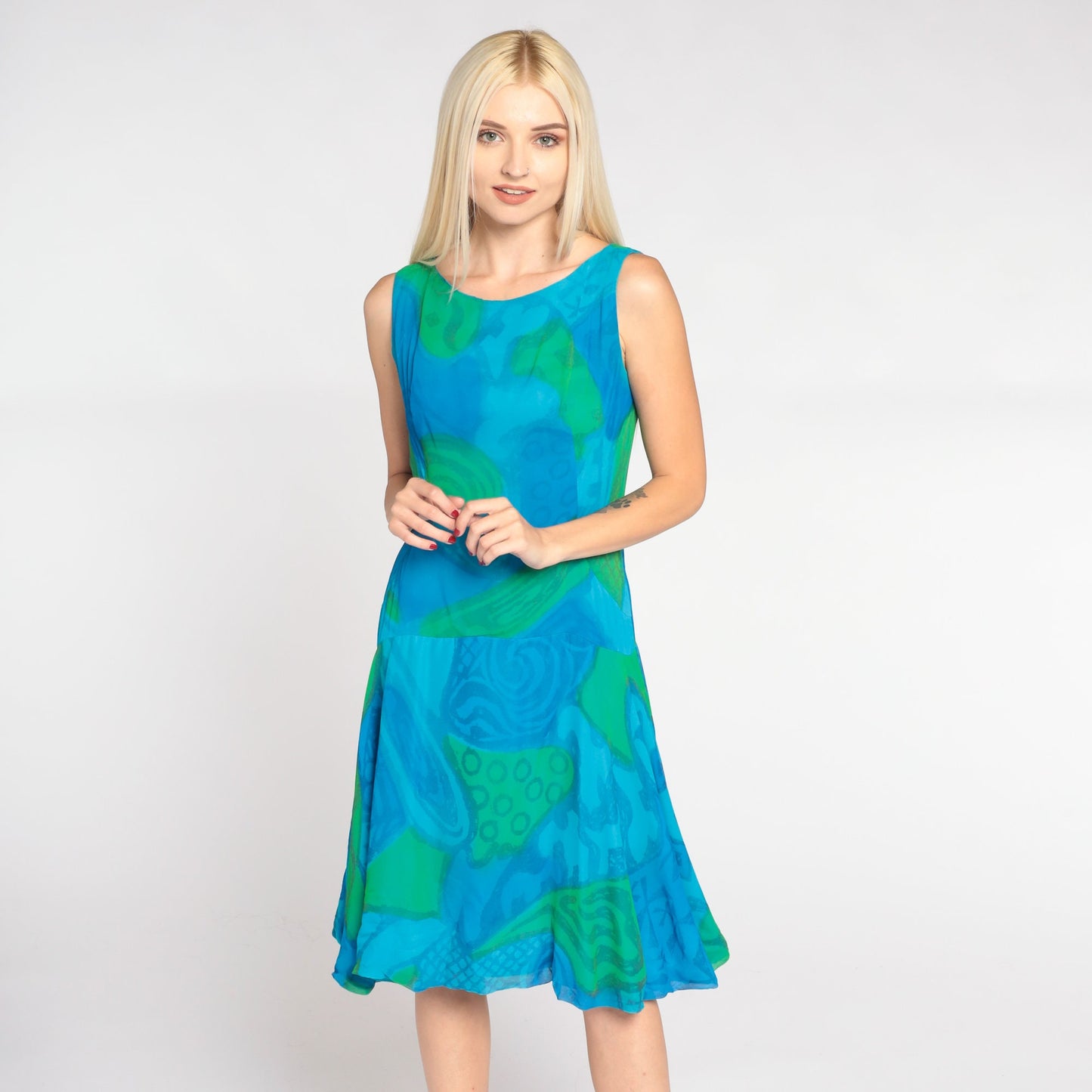 60s Mod Mini Dress Blue Abstract Print Sleeveless Drop Waist Small S