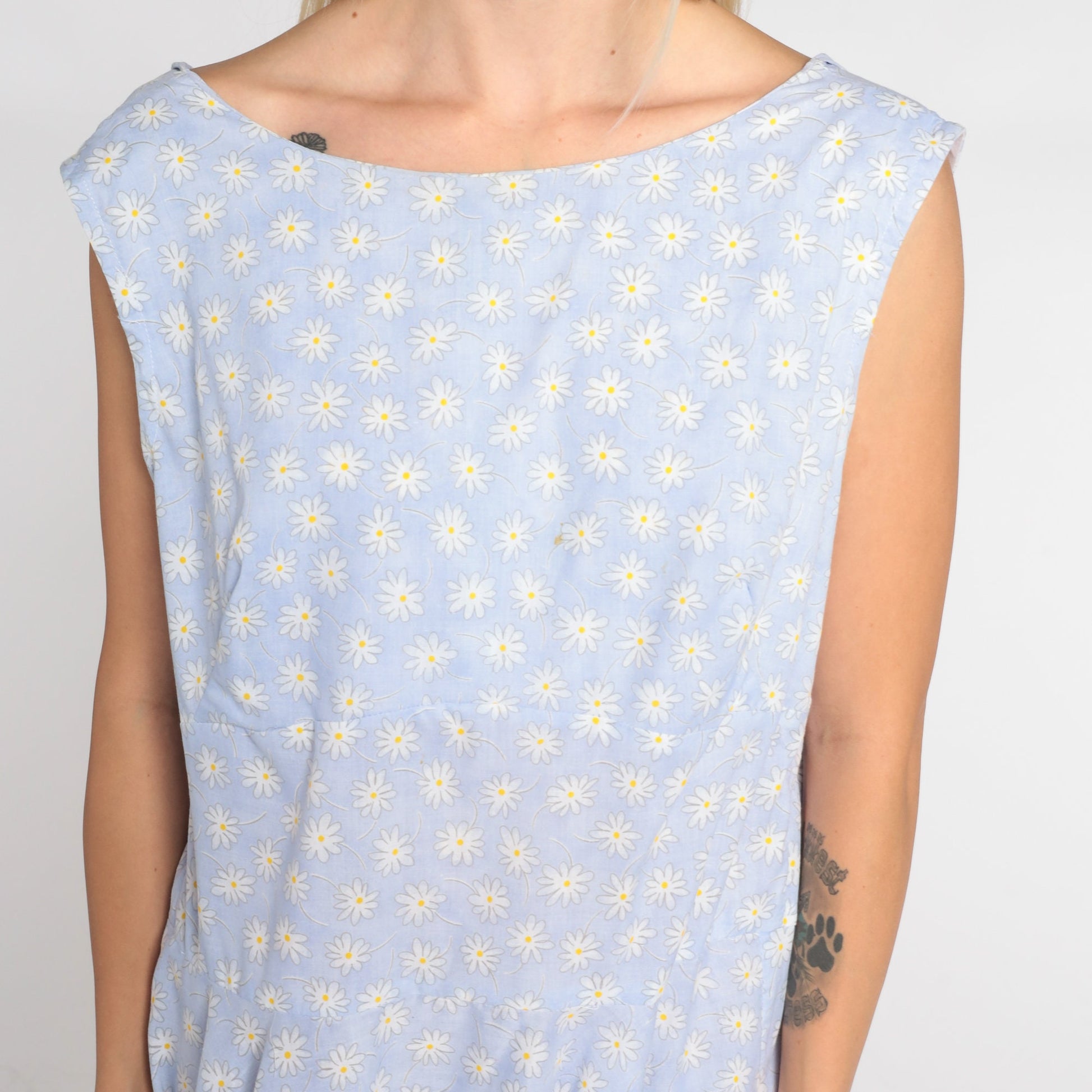 90s Blue Daisy Print Midi Dress High Waist Low Back Sleeveless Large