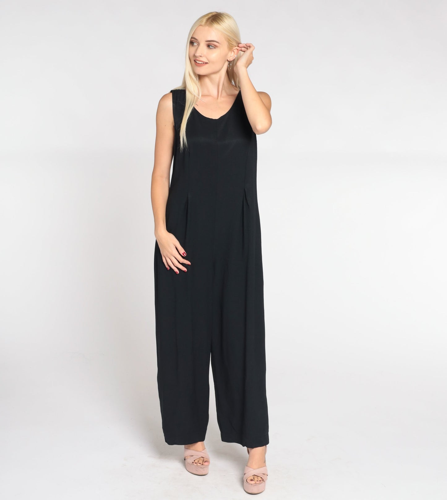 90s Black Jumpsuit Sleeveless Scoop Neck Wide Leg Pantsuit Medium
