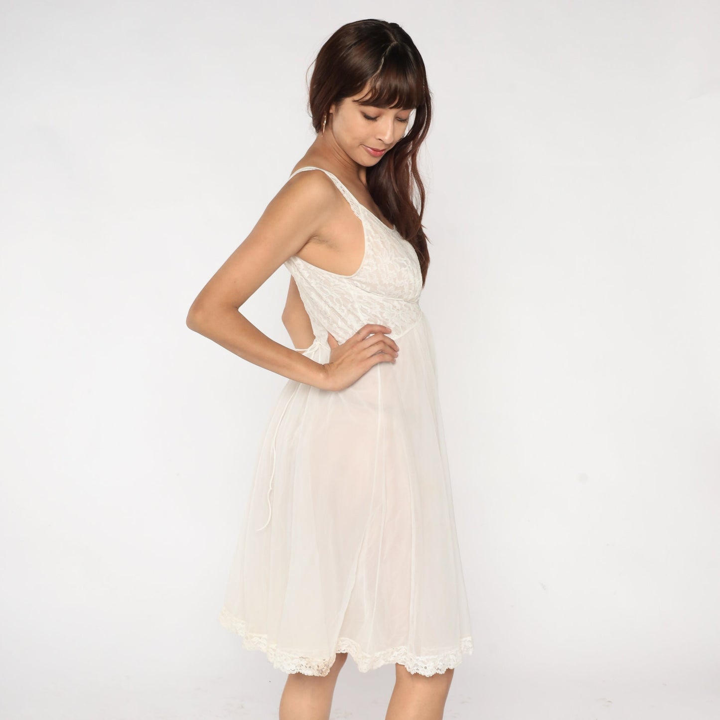 70s Vanity Fair White Lace Midi Nightgown Small S