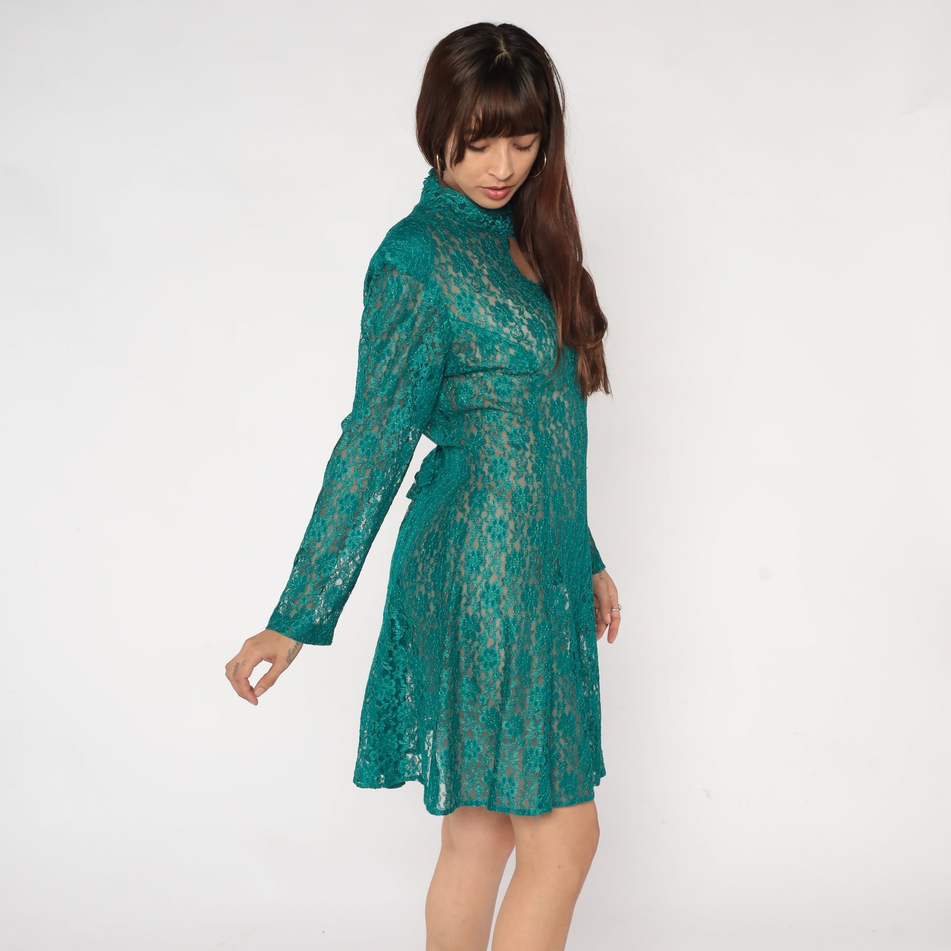 90s Green Lace Mini Dress Keyhole Neckline Long Sleeve Medium