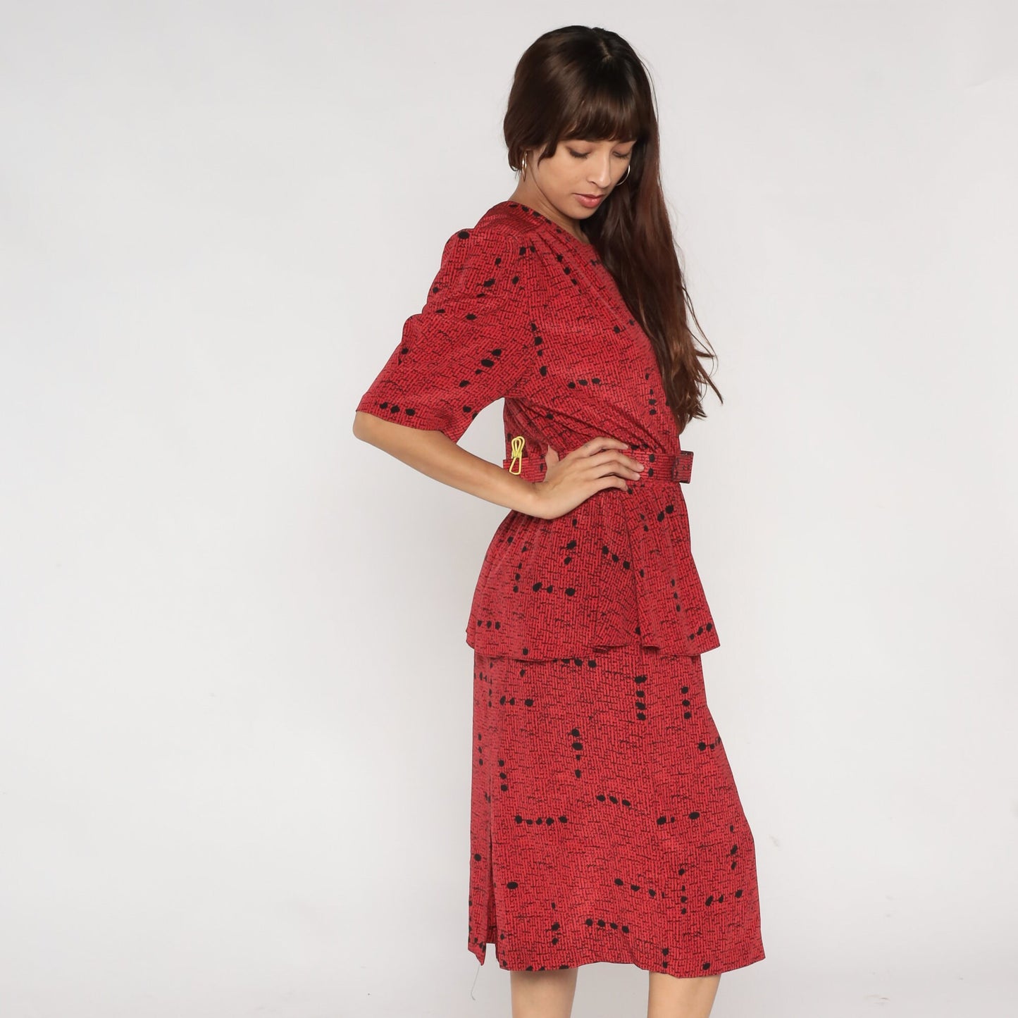 80s Red Speckled Dot Print Peplum Dress Puff Sleeve High Waist Midi Large