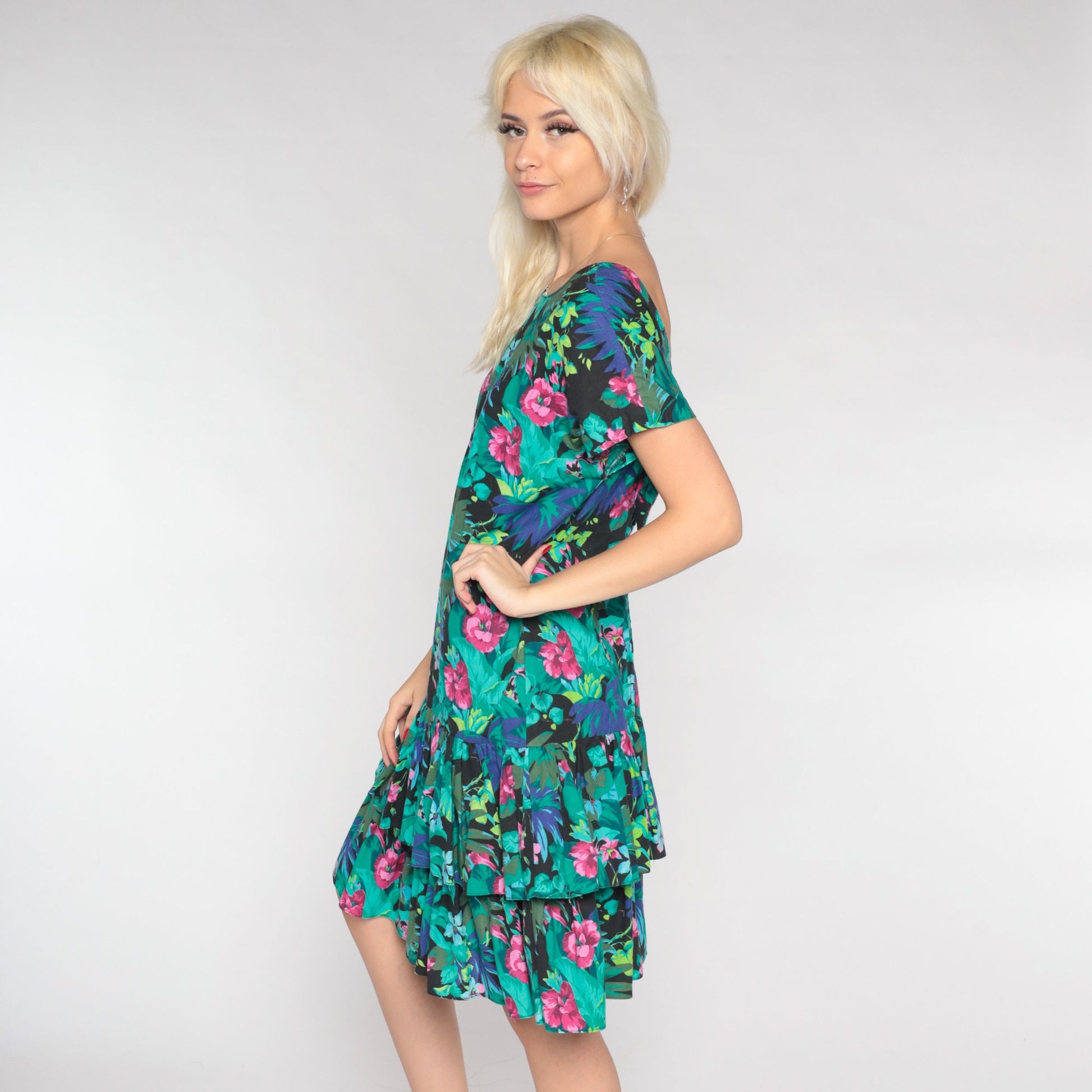 90s Tropical Floral Mini Dress Black Leaf Print Drop Waist Tiered Ruffle Medium