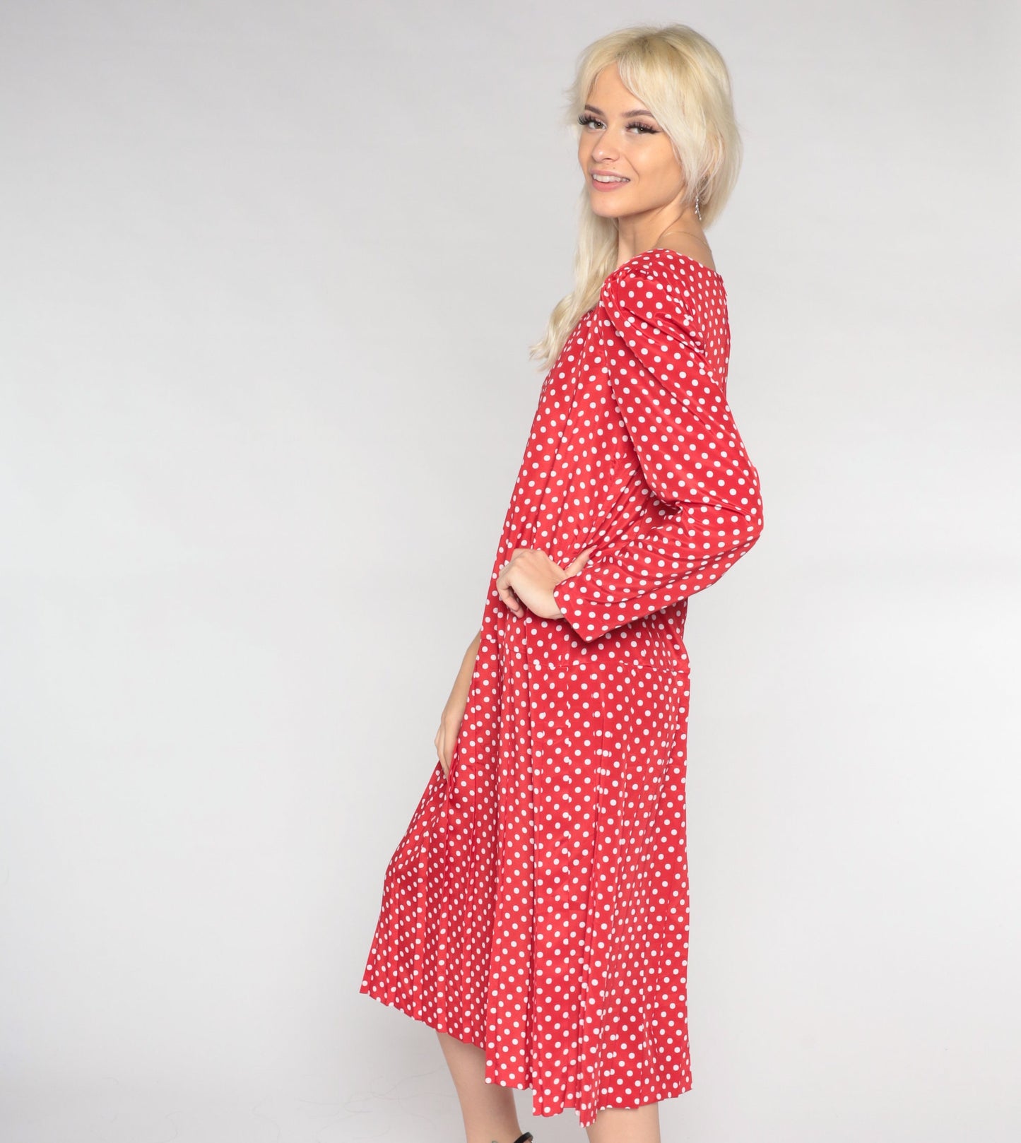 90s Leslie Fay Red Polka Dot Midi Dress Long Sleeve Drop Waist Medium 10