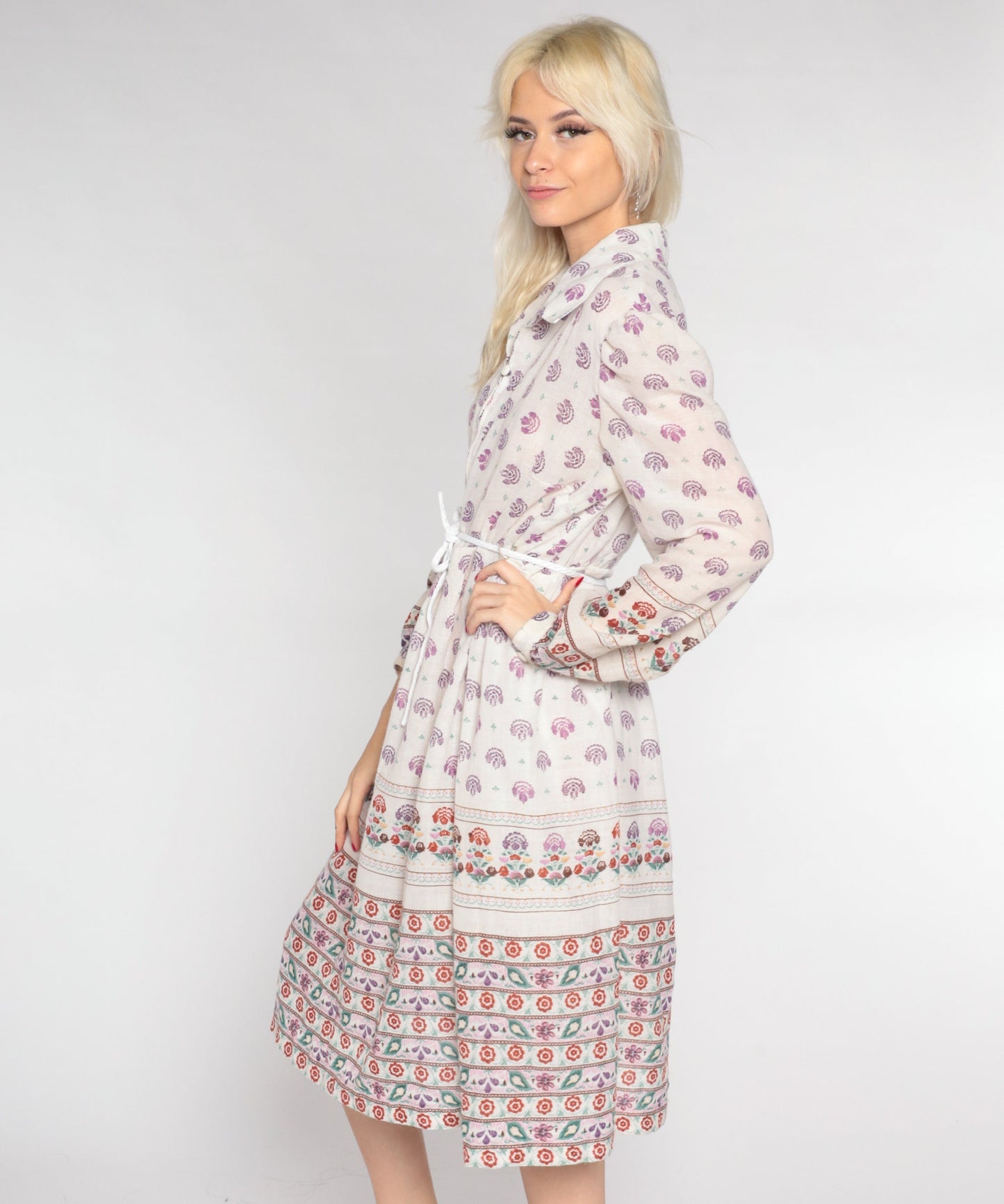 70s White Floral Midi Shirtdress Drawstring Waist Balloon Sleeve Collared Extra Large