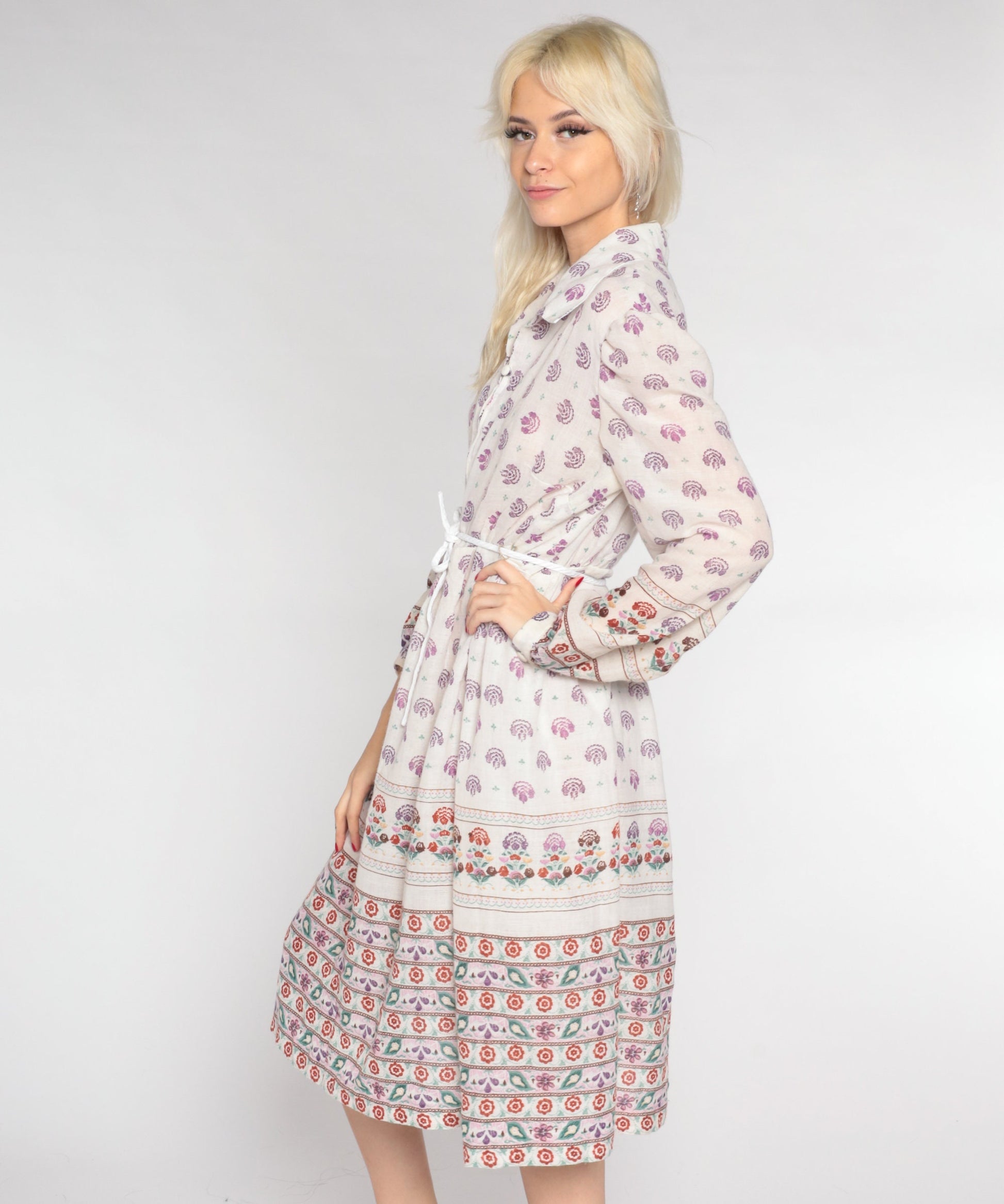 70s White Floral Midi Shirtdress Drawstring Waist Balloon Sleeve Collared Extra Large