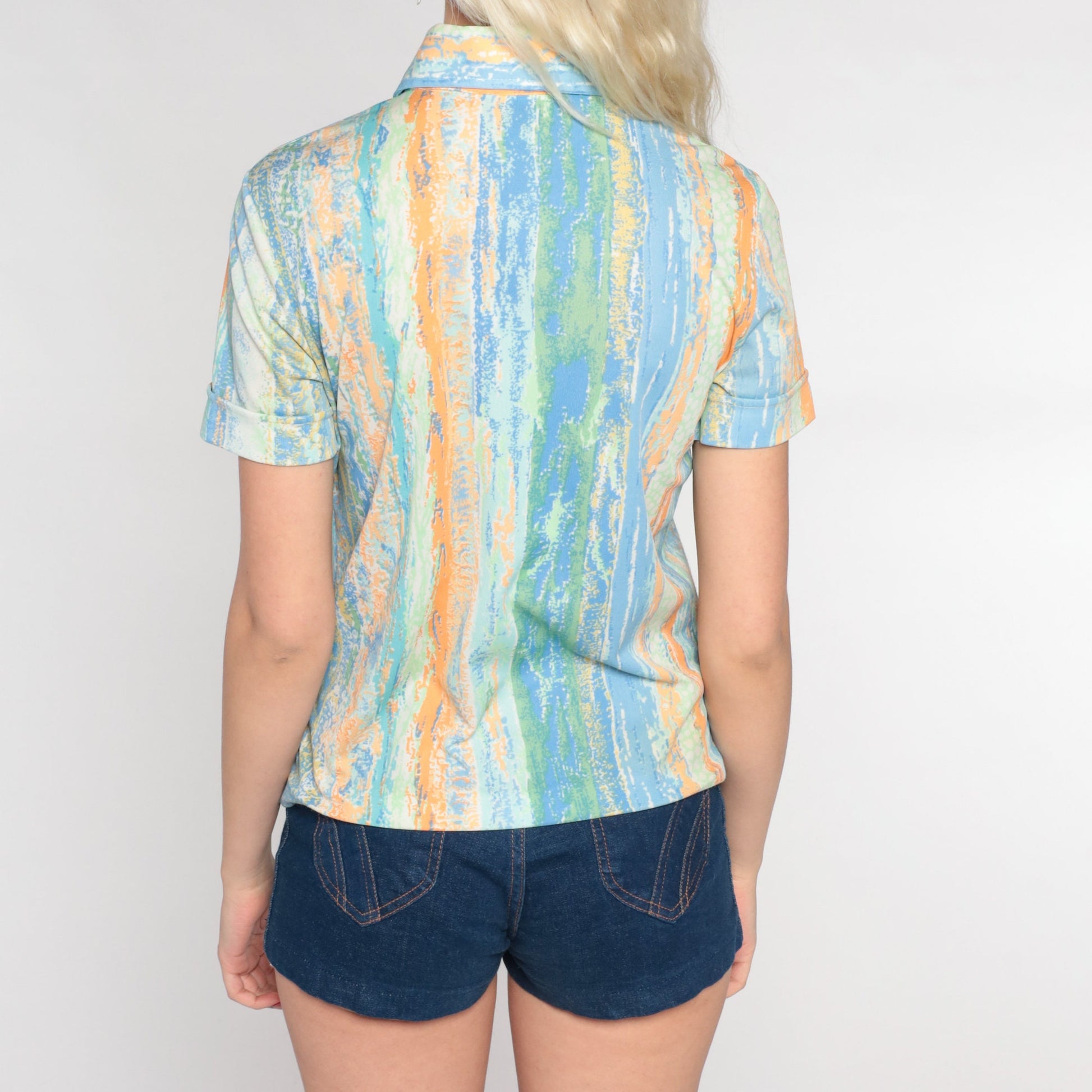 70s Striped Brushstroke Polo Shirt Half Button Short Sleeve Blue Green Orange Small