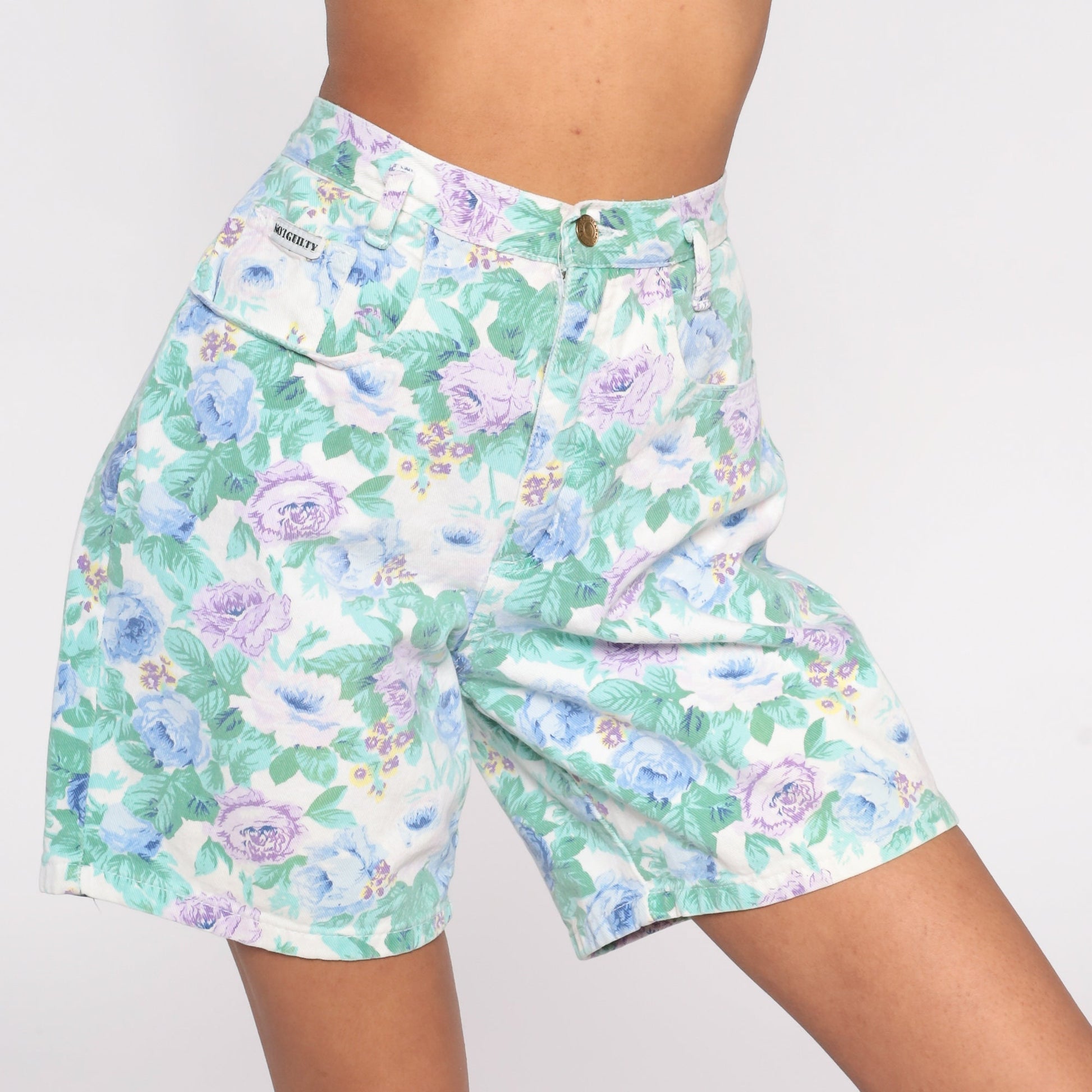 90s Not Guilty Floral Denim Shorts High Waist Green Purple Medium