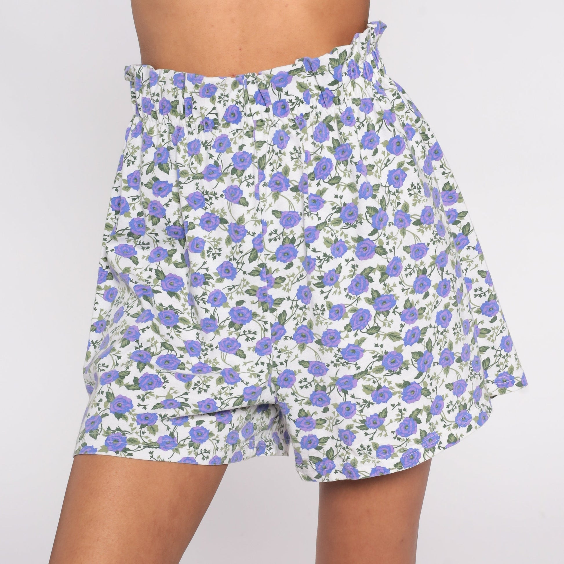90s Fizzical Floral Paper Bag Shorts High Waist Purple White Cotton Medium Large
