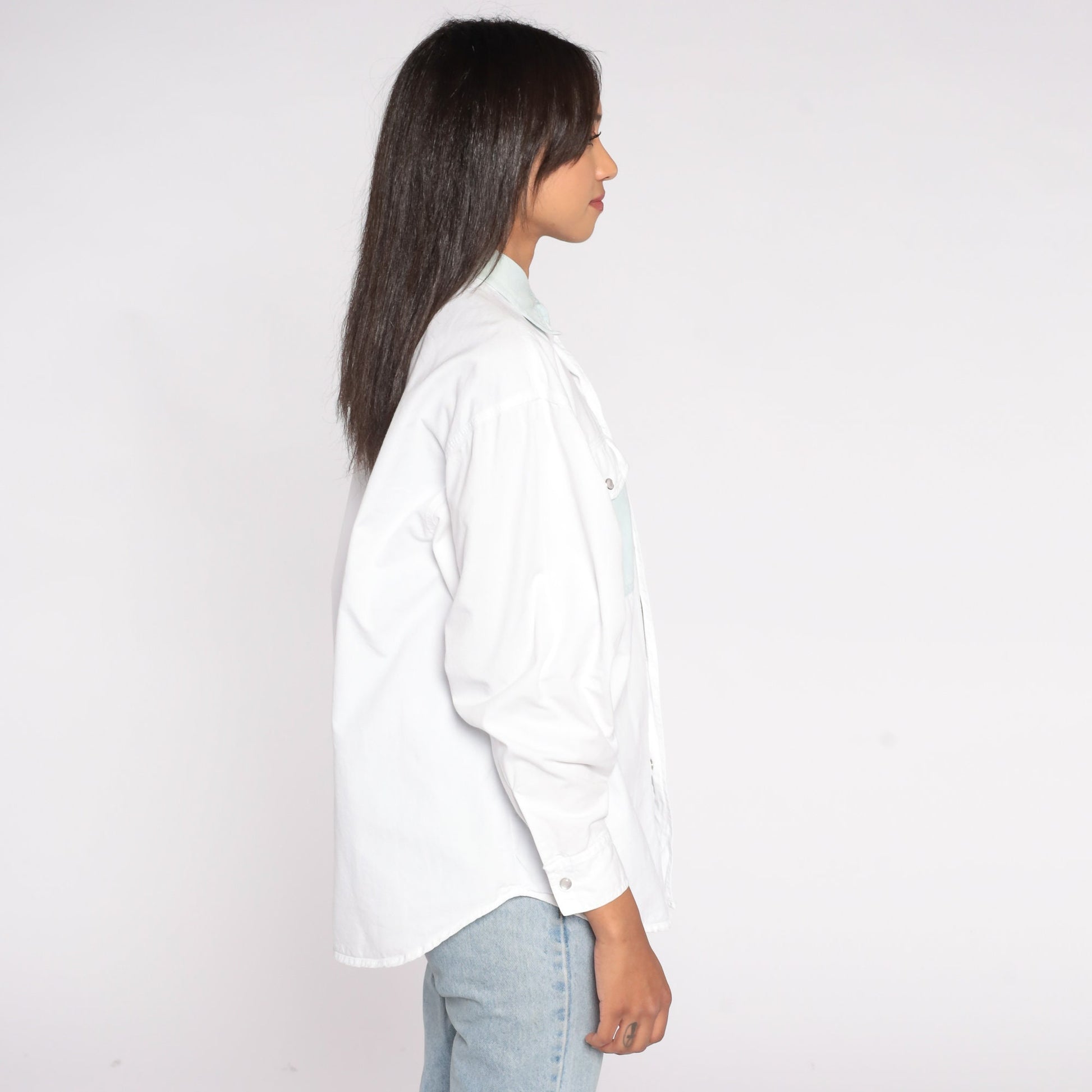 90s White Pearl Snap Western Shirt Long Sleeve Cowboy Button Up Large
