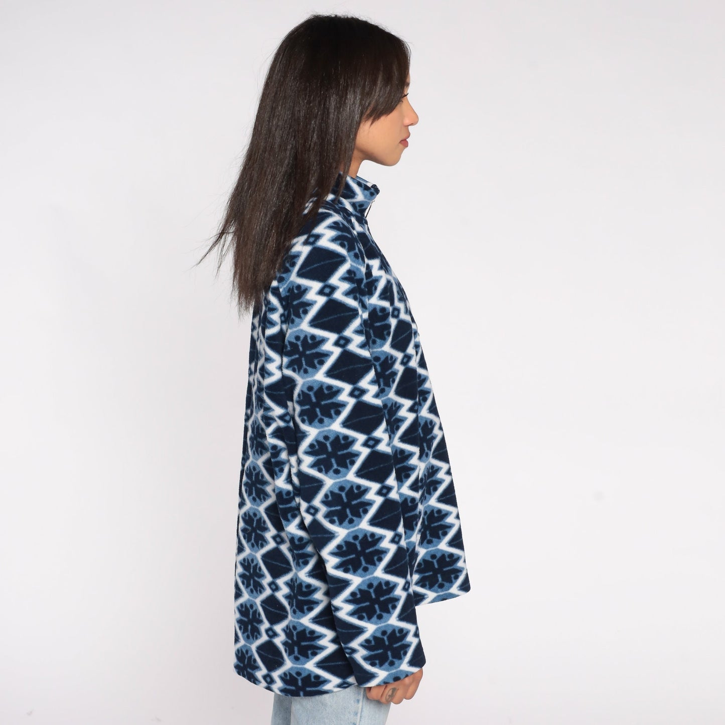 Y2K Nordic Snowflake Fleece Mock Neck Pullover Blue Extra Extra Large XXL