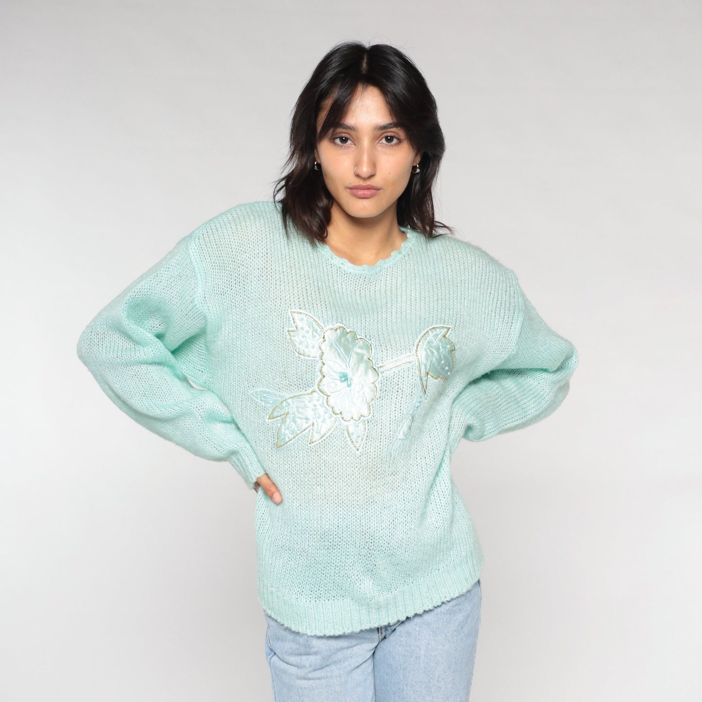 90s Mint Green Floral Appliqué Knit Sweater Pullover Medium M