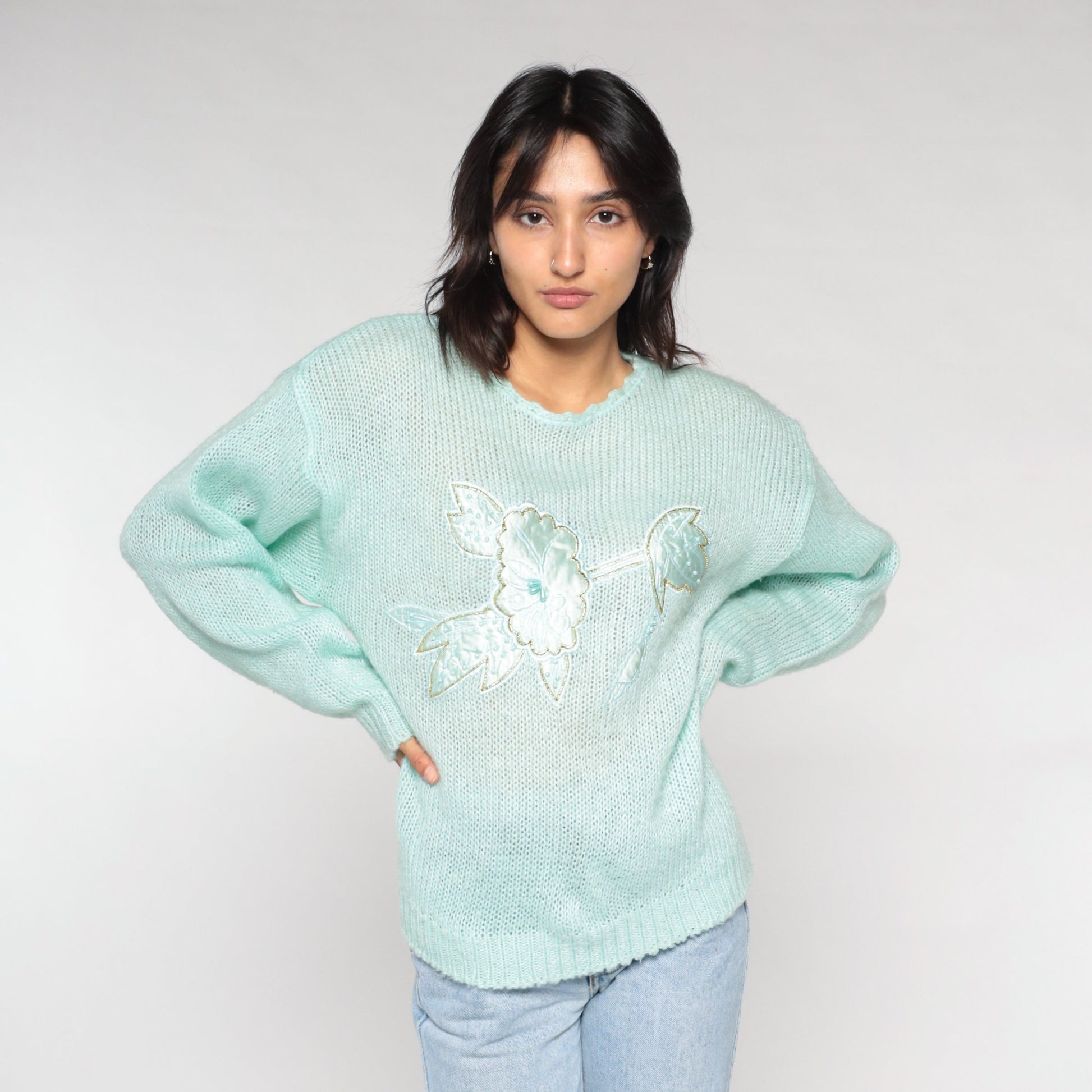 90s Mint Green Floral Appliqué Knit Sweater Pullover Medium M