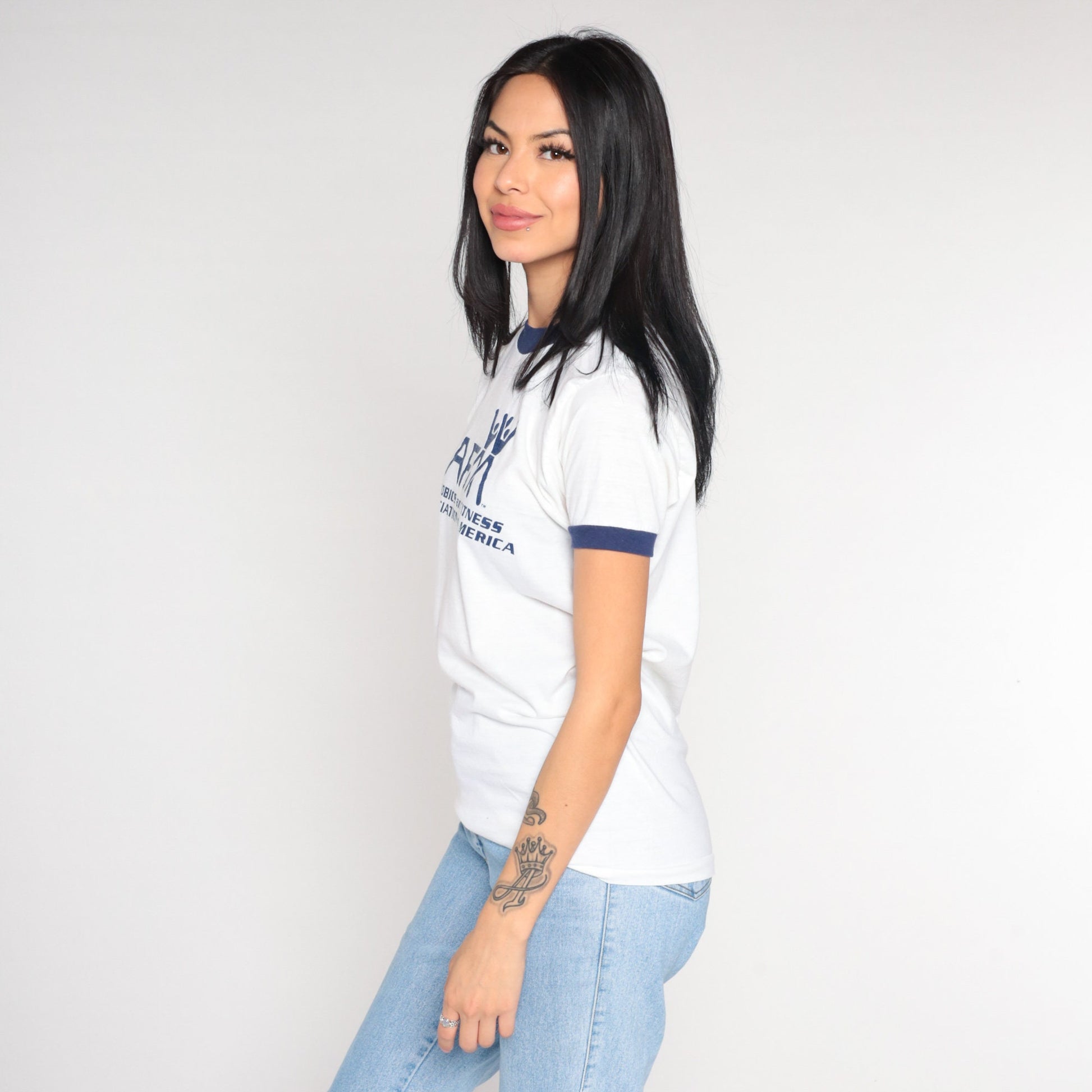 80s AFAA Athletics Fitness Association Ringer Tee White Graphic Small