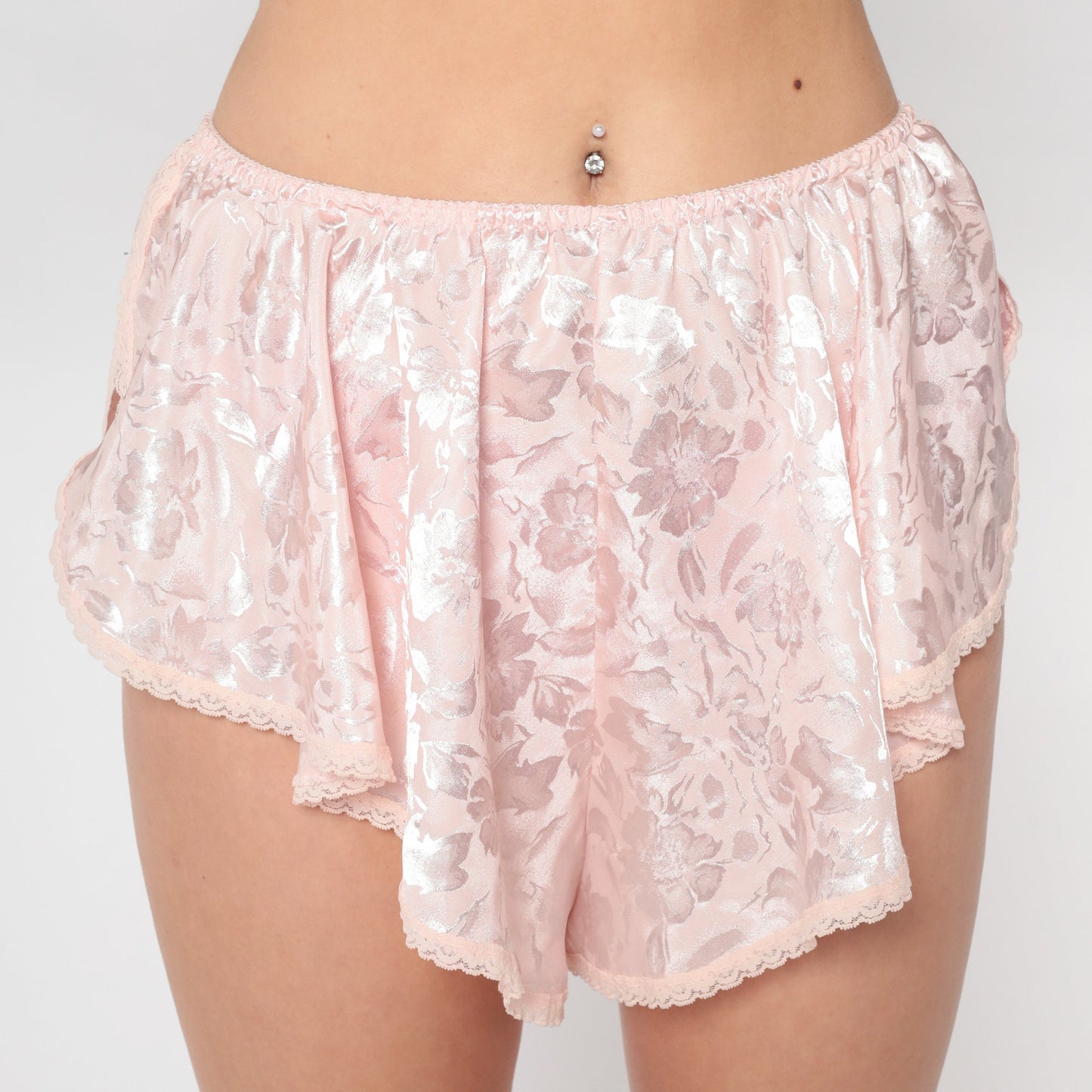 90s Baby Pink Floral Satin Sleep Shorts High Cut Tap Shorts Medium Large