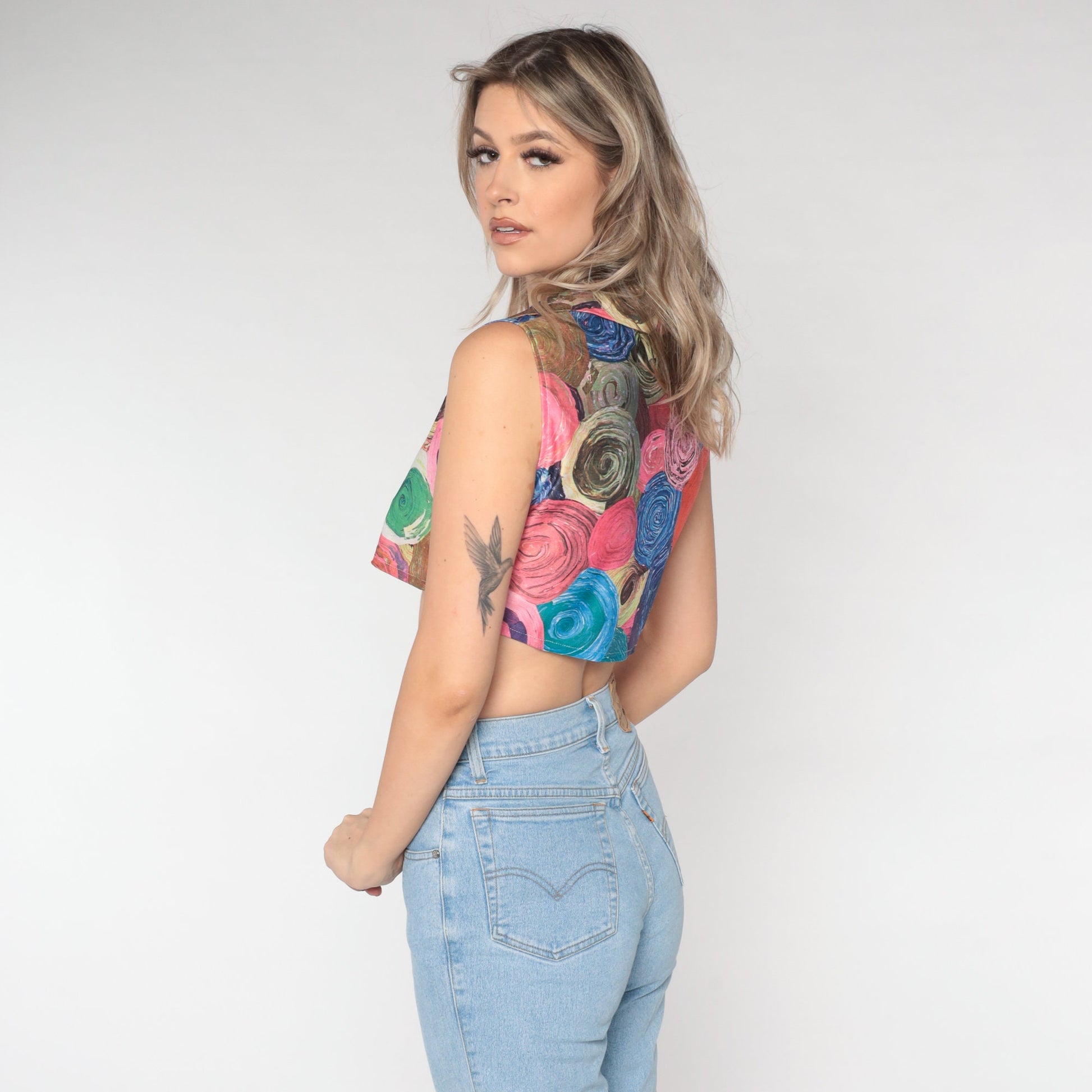 70s Swirl Print Sleeveless Crop Top Button-Up Shirt Small S