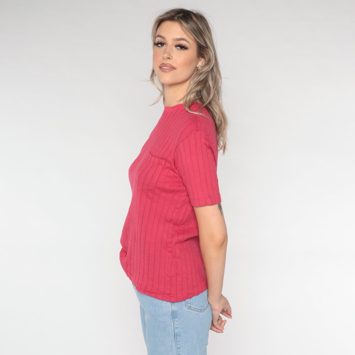 00s Ralph Lauren Pink Pocket T-Shirt Cotton Textured Stripe Medium