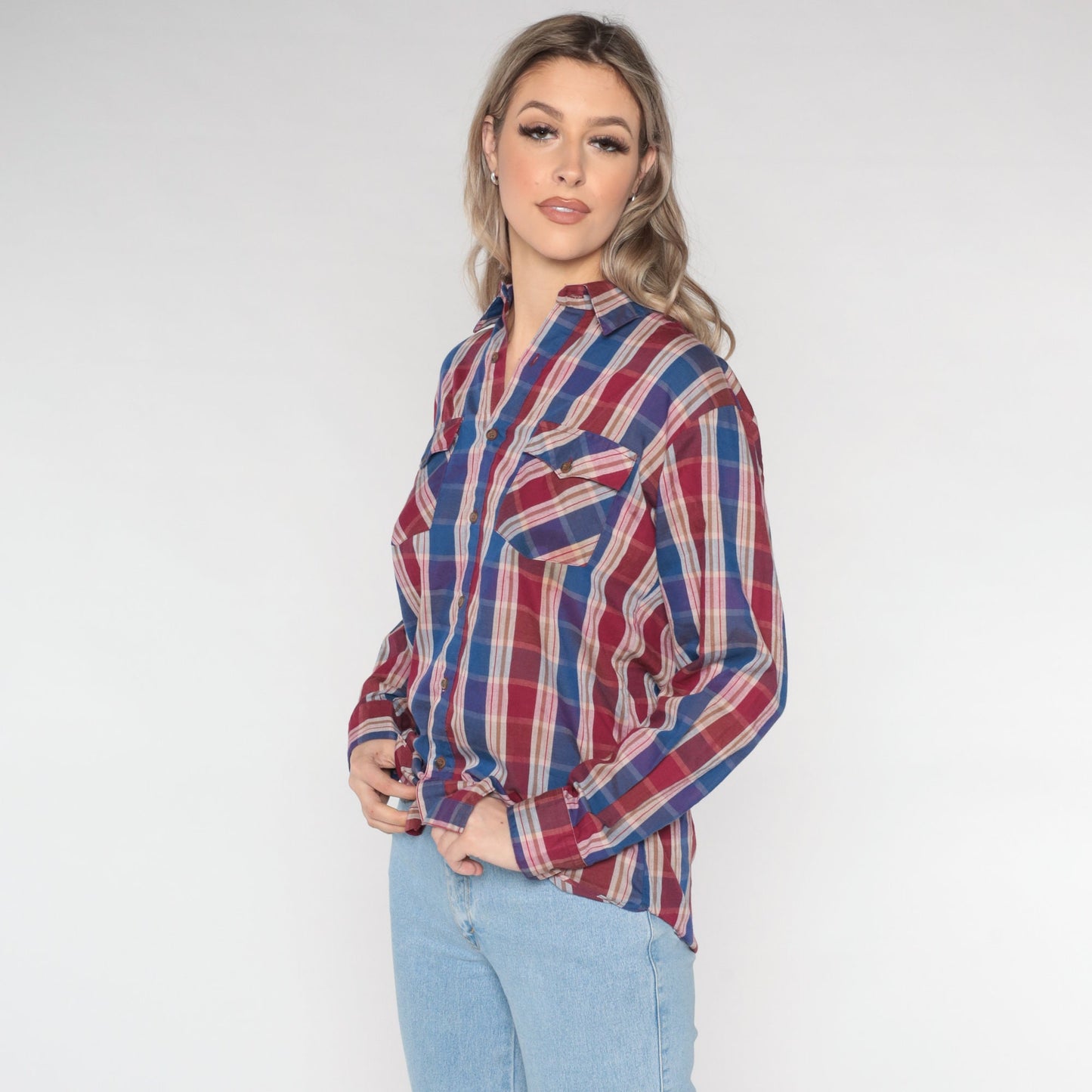 80s Burgundy Blue Plaid Button-Up Shirt Cotton Long Sleeve Medium