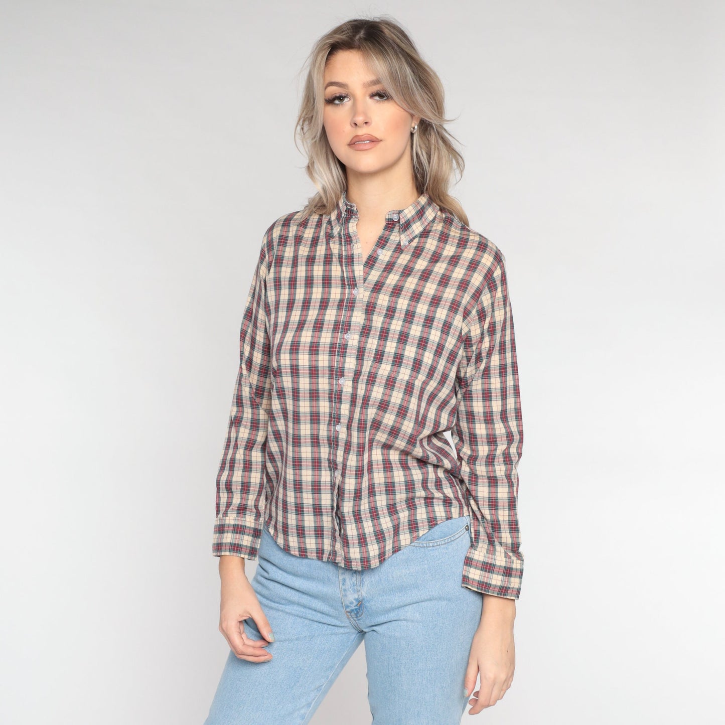 80s Plaid Button-Up Blouse Tan Red Green Checkered Long Sleeve Large