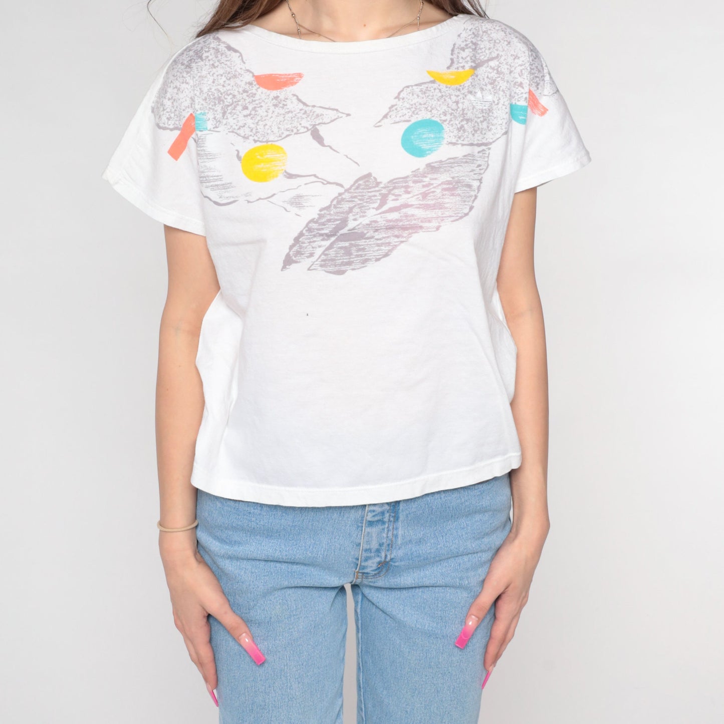 90s Adidas Abstract Print T-Shirt White Athletic Tee Medium