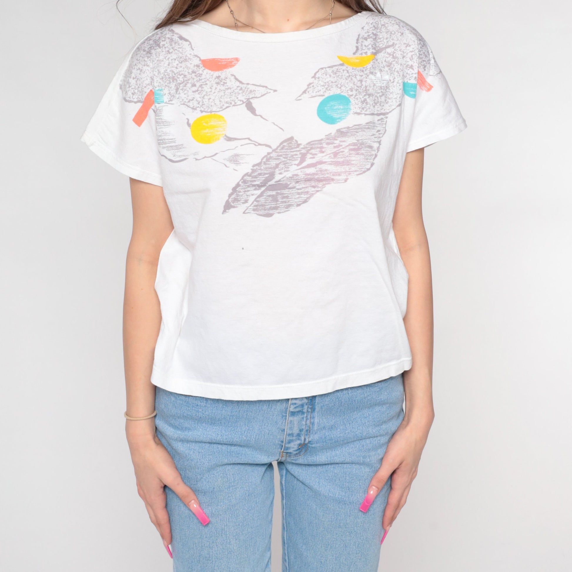 90s Adidas Abstract Print T-Shirt White Athletic Tee Medium