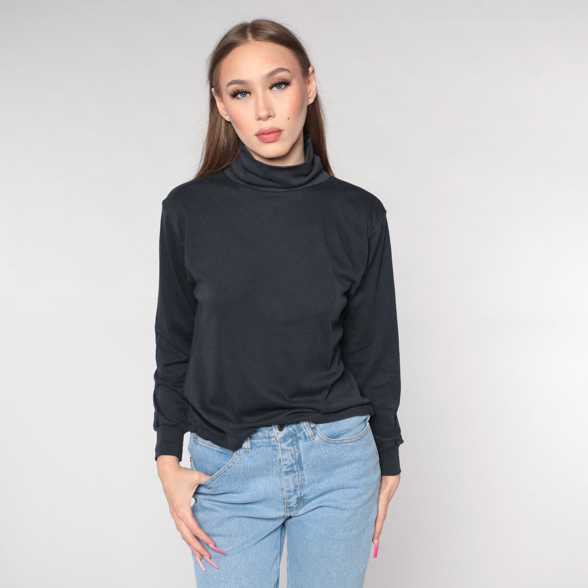 90s Black Turtleneck Long Sleeve Shirt Plain Cotton Medium