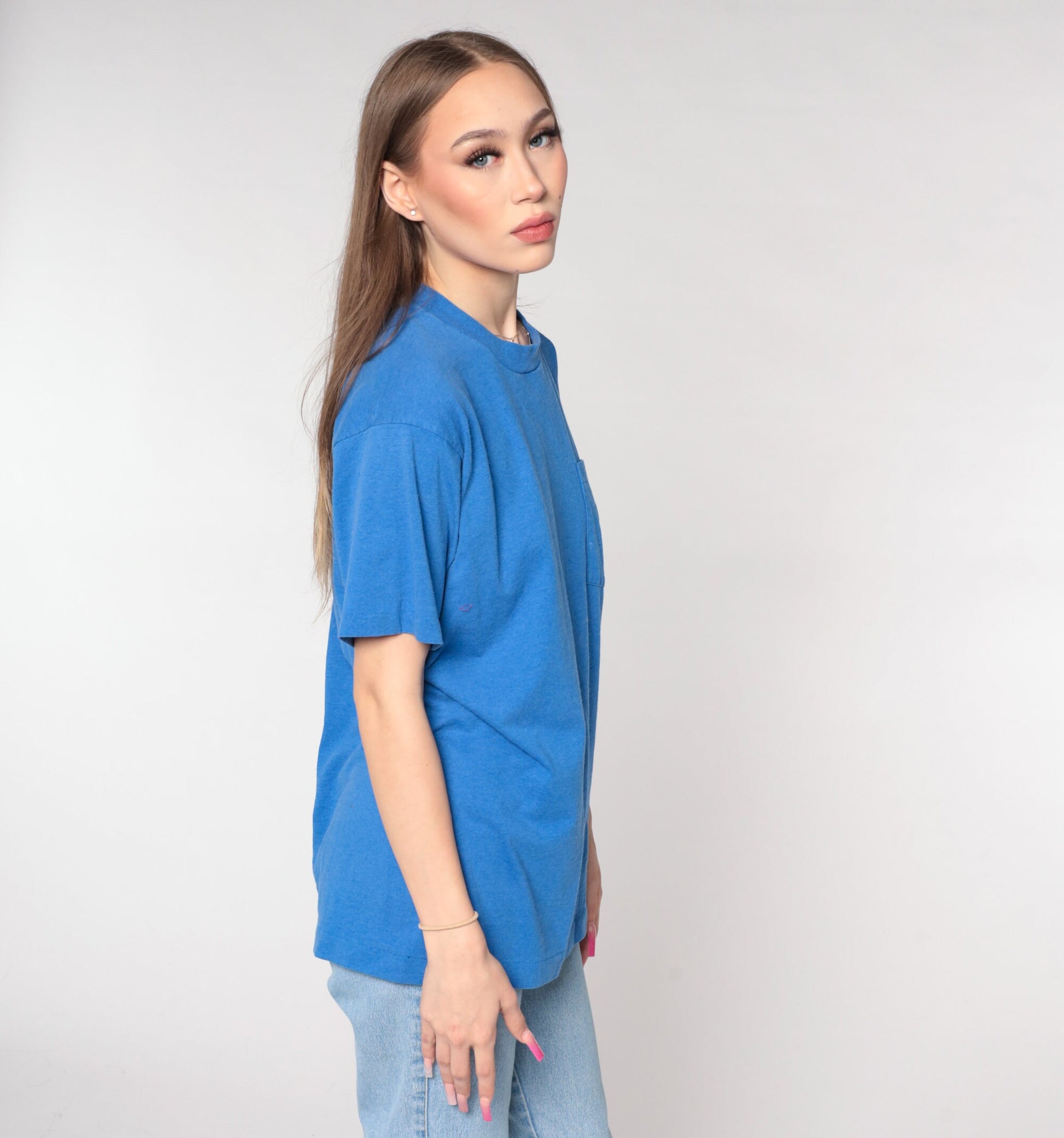 90s Blue Pocket T-Shirt Distressed Bleach Marks Cotton Large