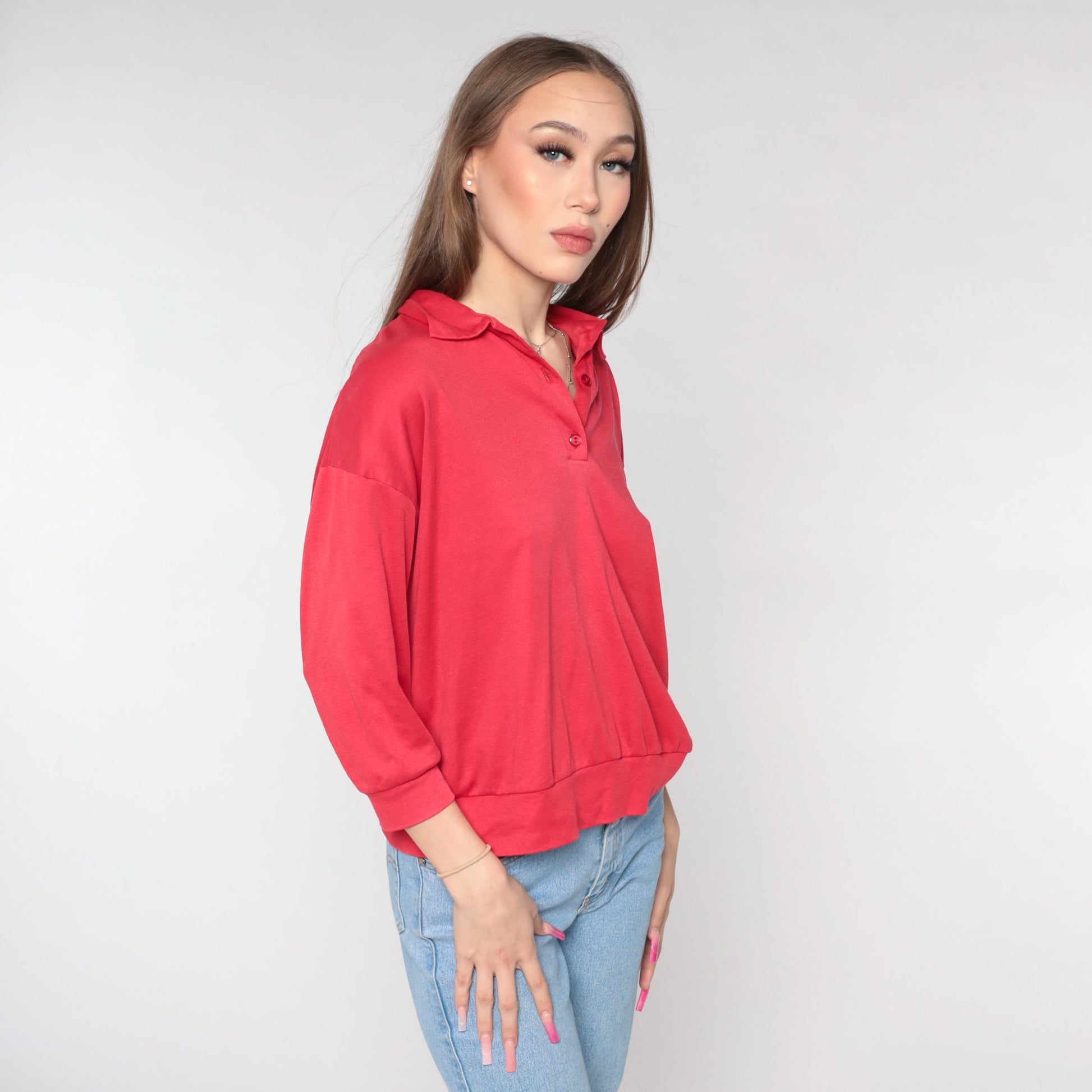 80s Red Quarter-Button Collared Sweatshirt Slouchy Pullover Medium
