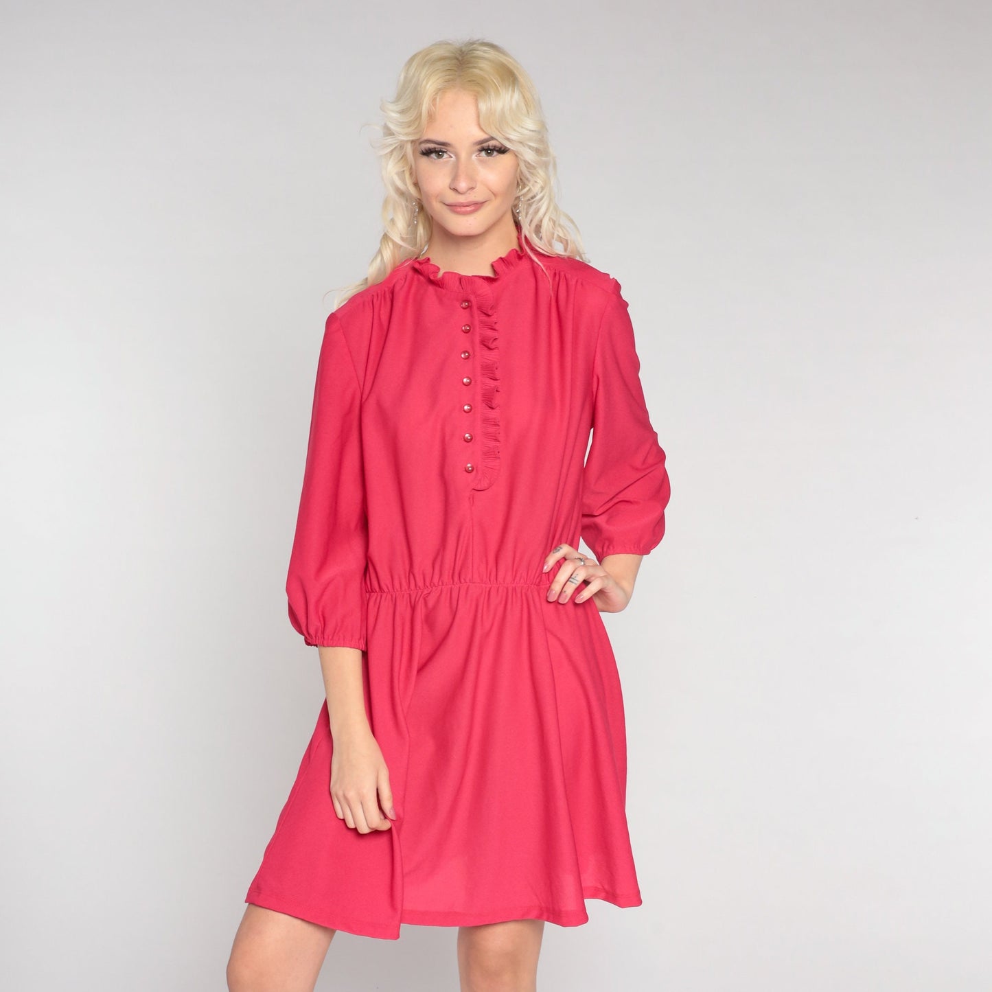 80s Bright Pink Shirtwaist Mini Dress Ruffle Collar Button-Up 3/4 Sleeve Large