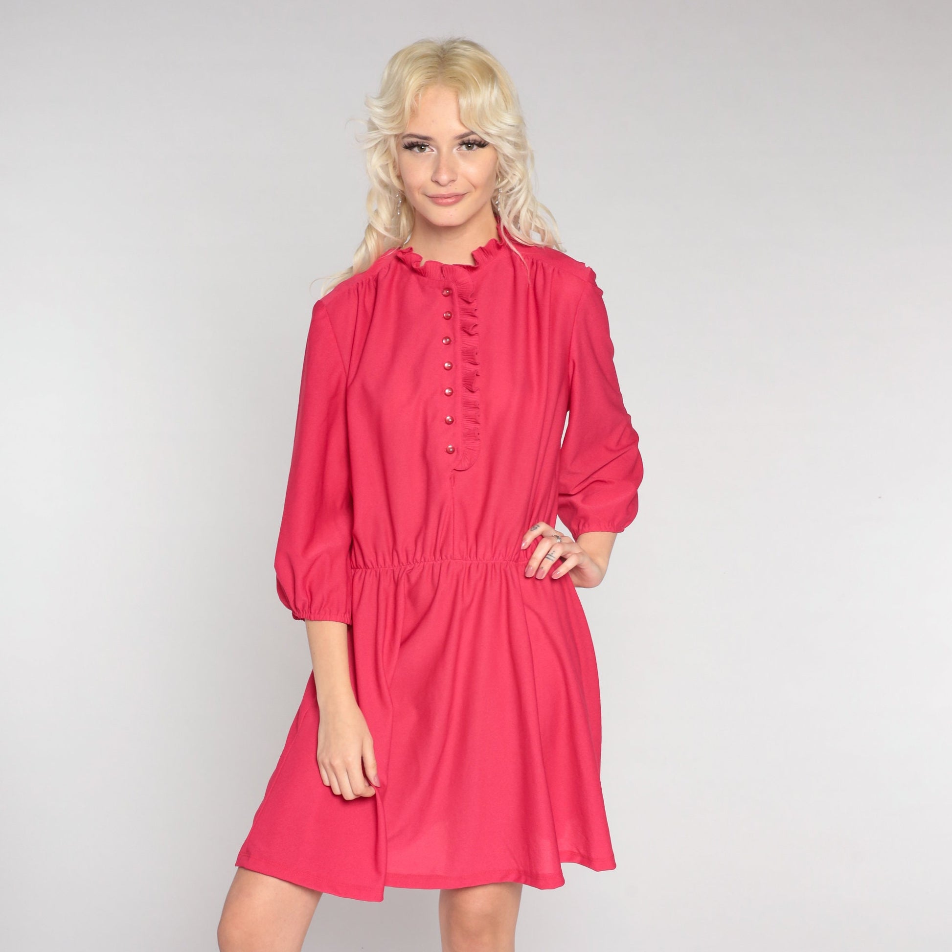 80s Bright Pink Shirtwaist Mini Dress Ruffle Collar Button-Up 3/4 Sleeve Large