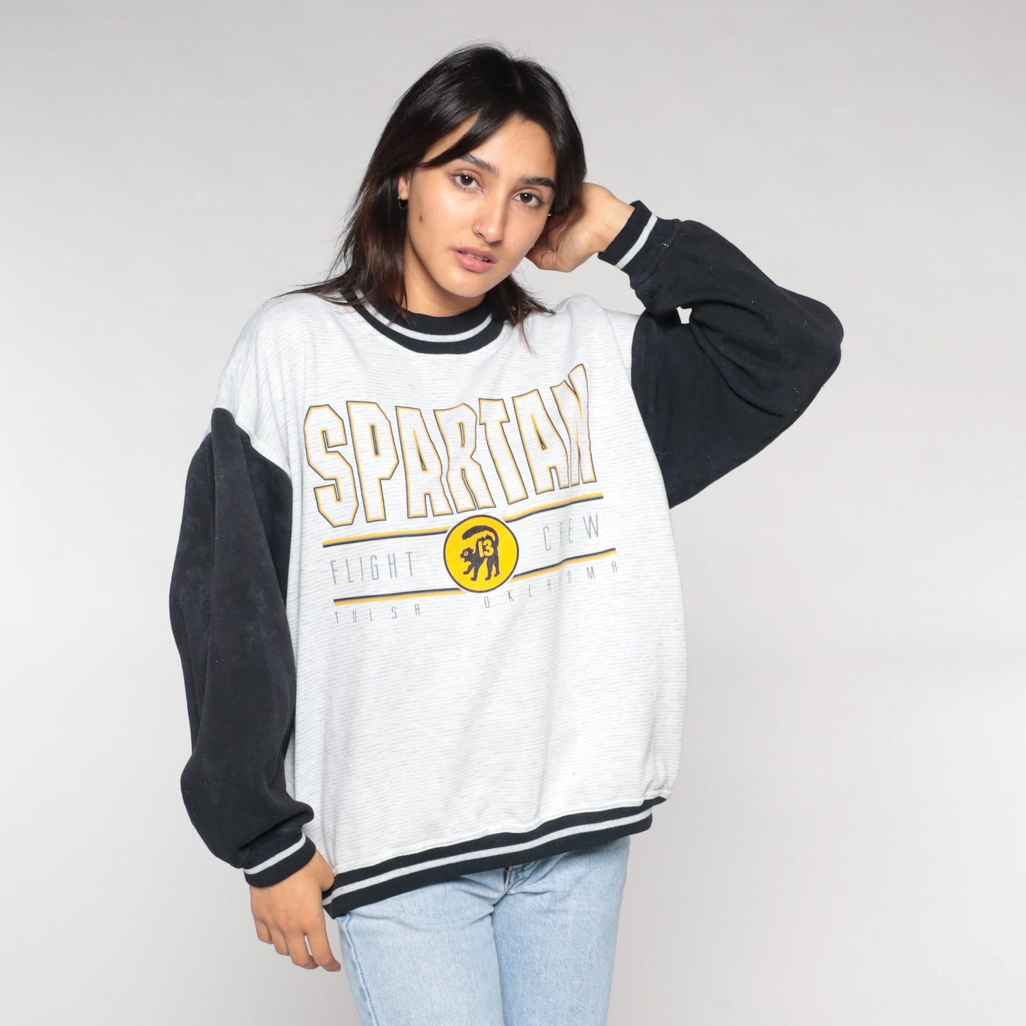 90s Spartans Flight Crew Ringer Sweatshirt Tulsa Oklahoma Aviation Pullover Large