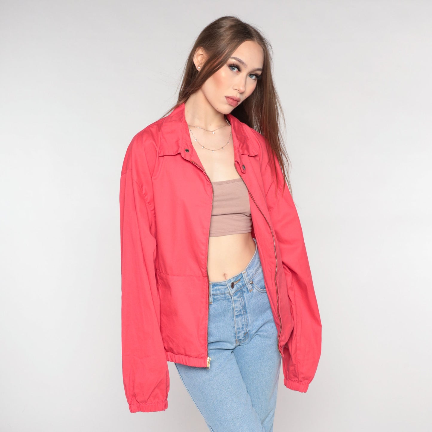 90s Red Cotton Windbreaker Jacket Zip Up Collared Large L