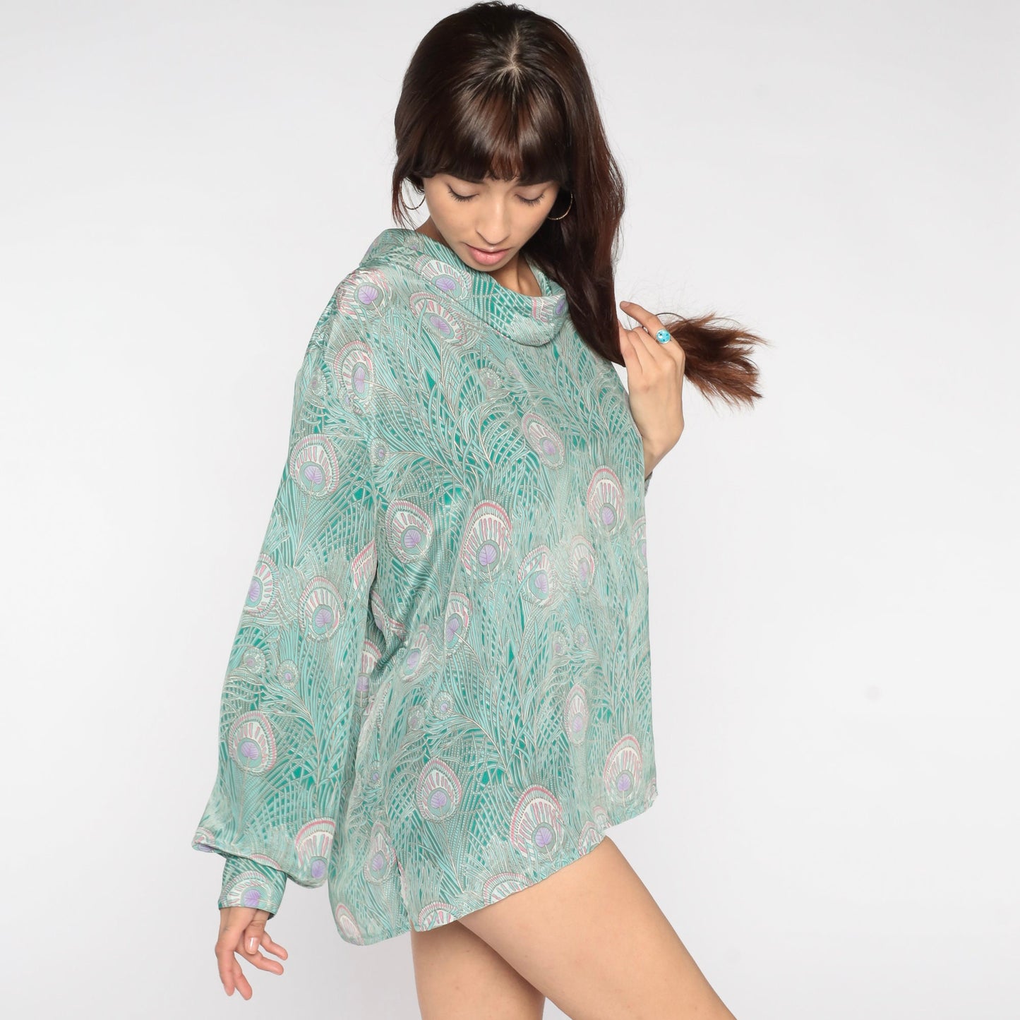 70s Peacock Feather Blouse Green Cowl Neck Disco Shirt Campus Casuals