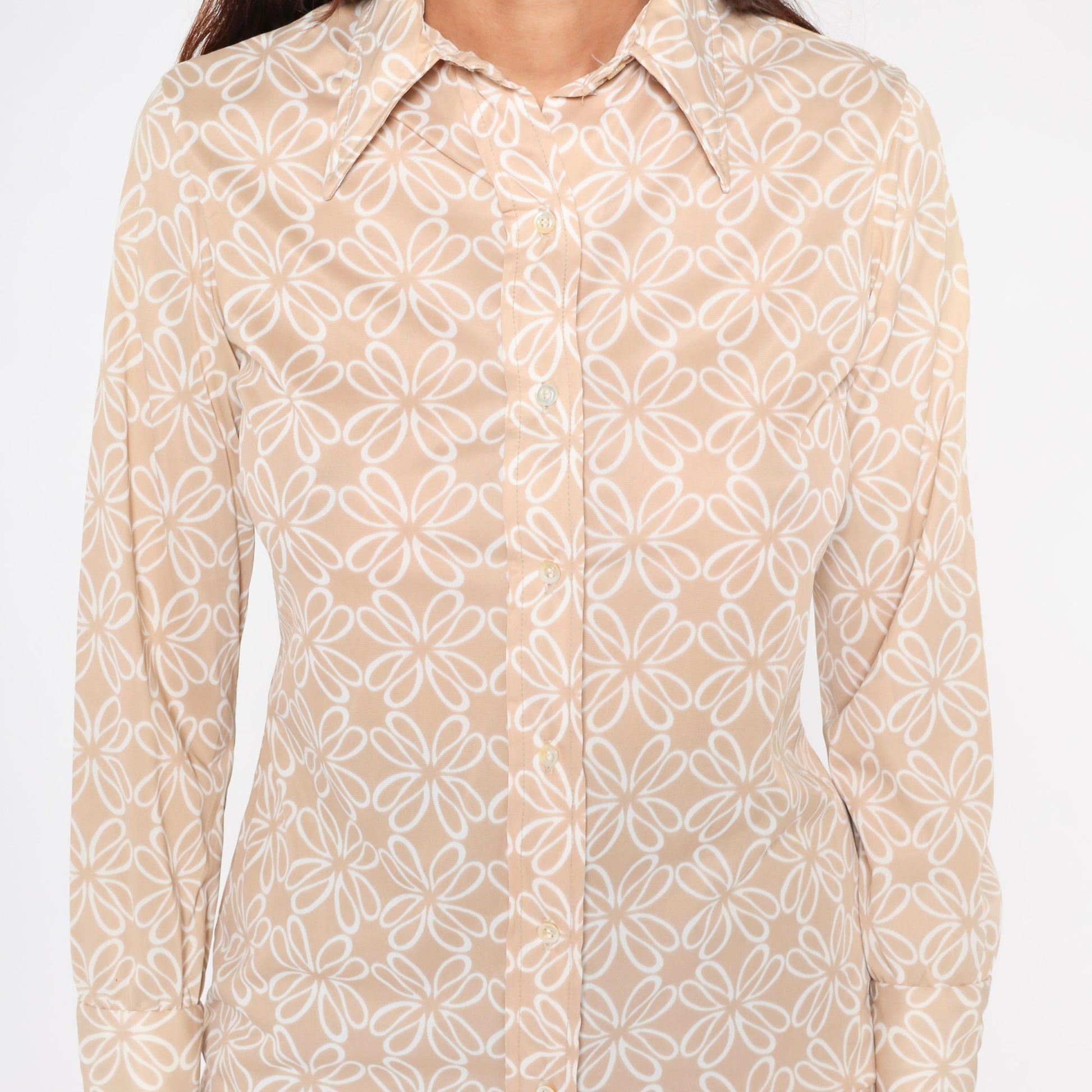 70s Vera Abstract Floral Button-Up Shirt Tan Pointed Collar Long Sleeve Small